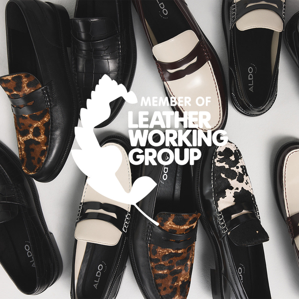 Collection of black and patterned loafers with 'Member of Leather Working Group' text overlay.