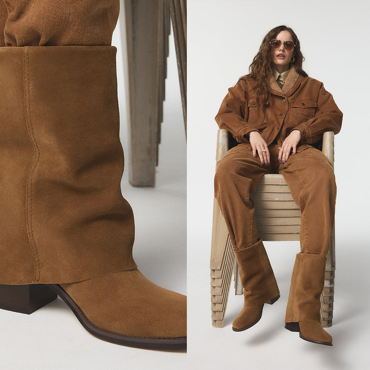 Brown suede boots with a close-up of one boot, and a person wearing a matching brown outfit sitting on a chair.