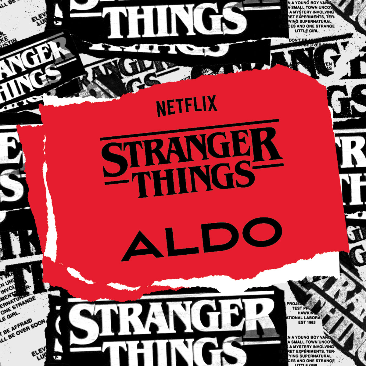 Graphique promotionnel pour « Stranger Things » avec « Aldo » sur fond rouge, entouré du texte « Stranger Things ».