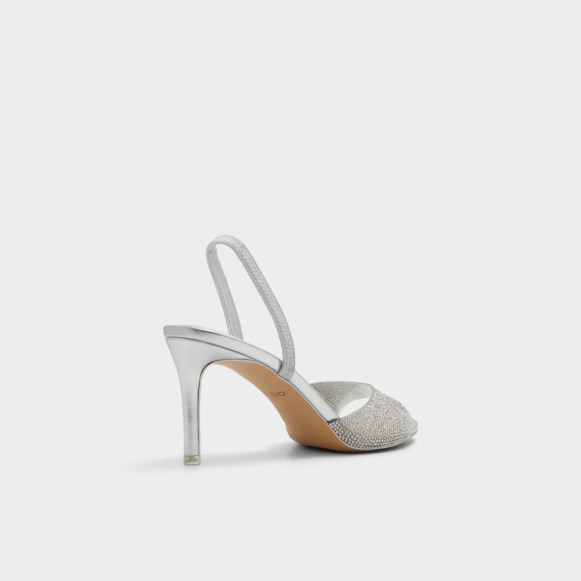Three-quarter angle of Silver Aitana Slingback heeled sandal's back side
