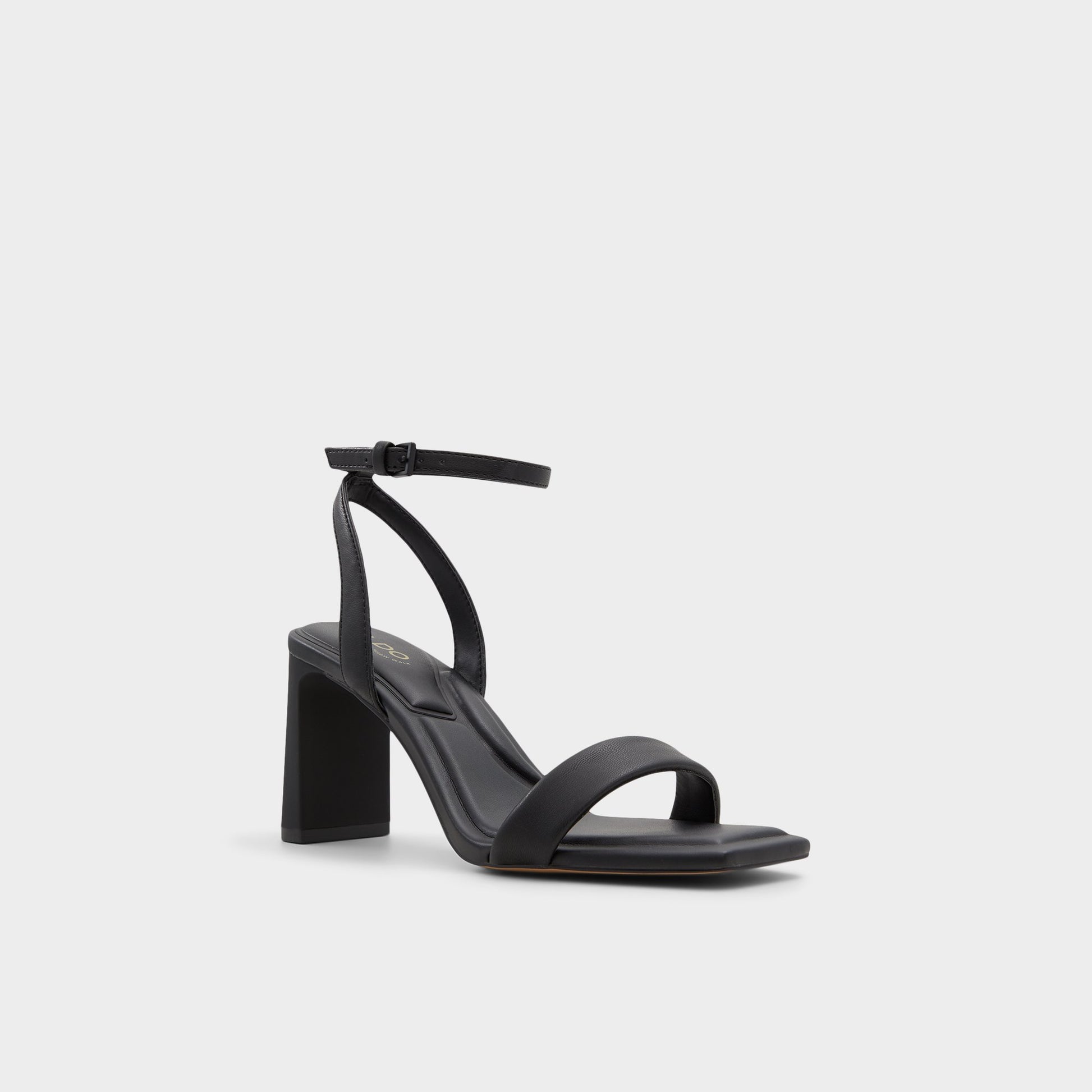 Three-quarter angle of Black Aurorai Strappy heeled sandal's front side