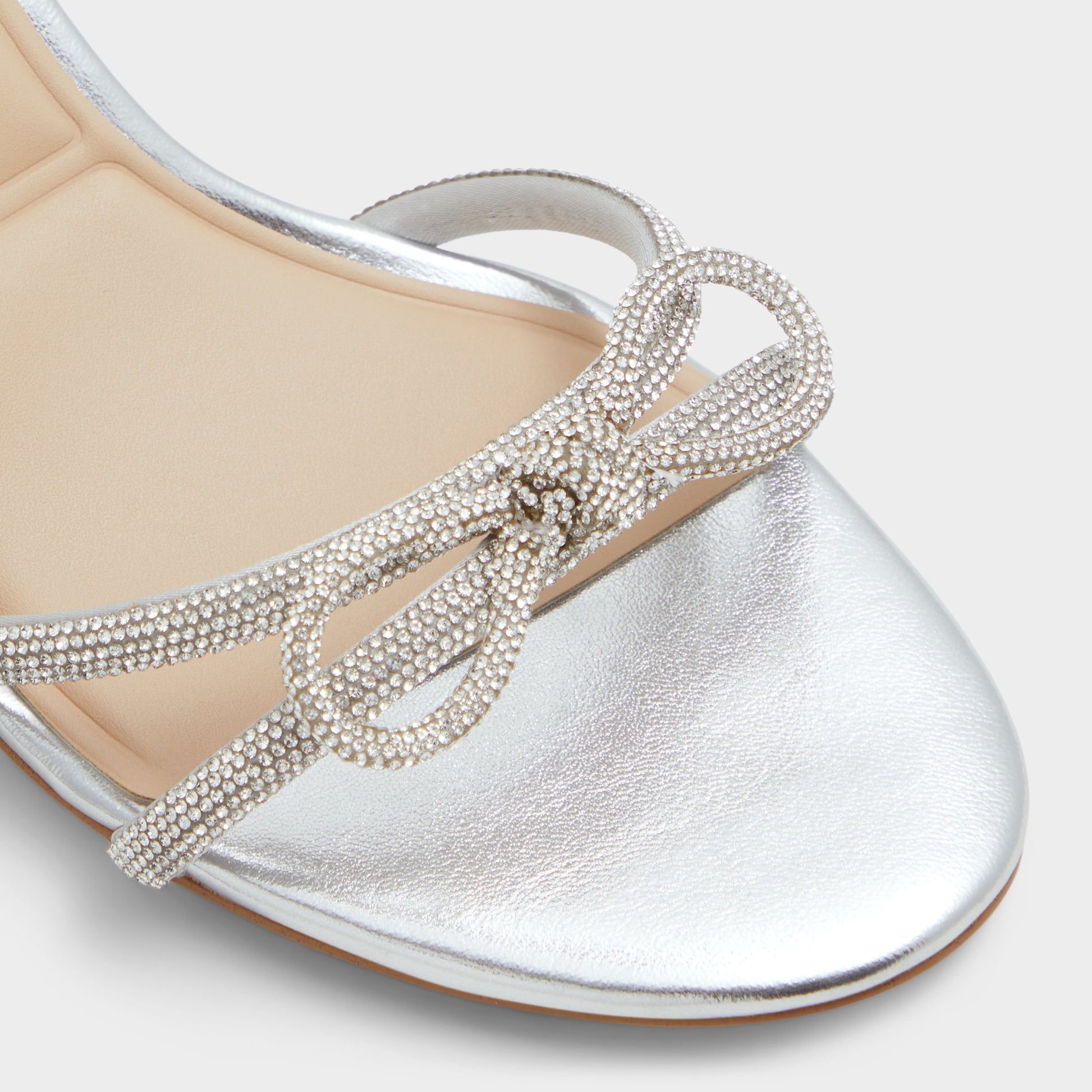 Close-up of the Silver Bouclette Strappy heeled sandal