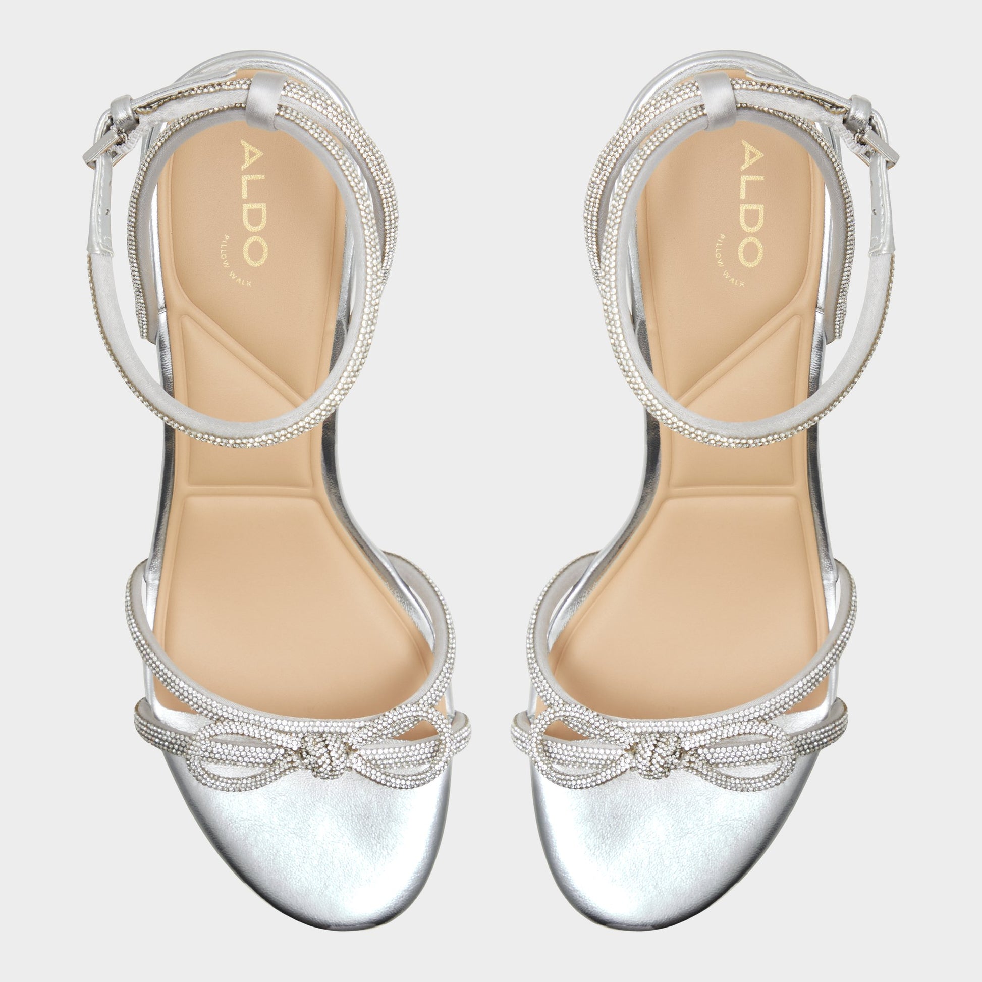 Top-down view of the Silver Bouclette Strappy heeled sandal