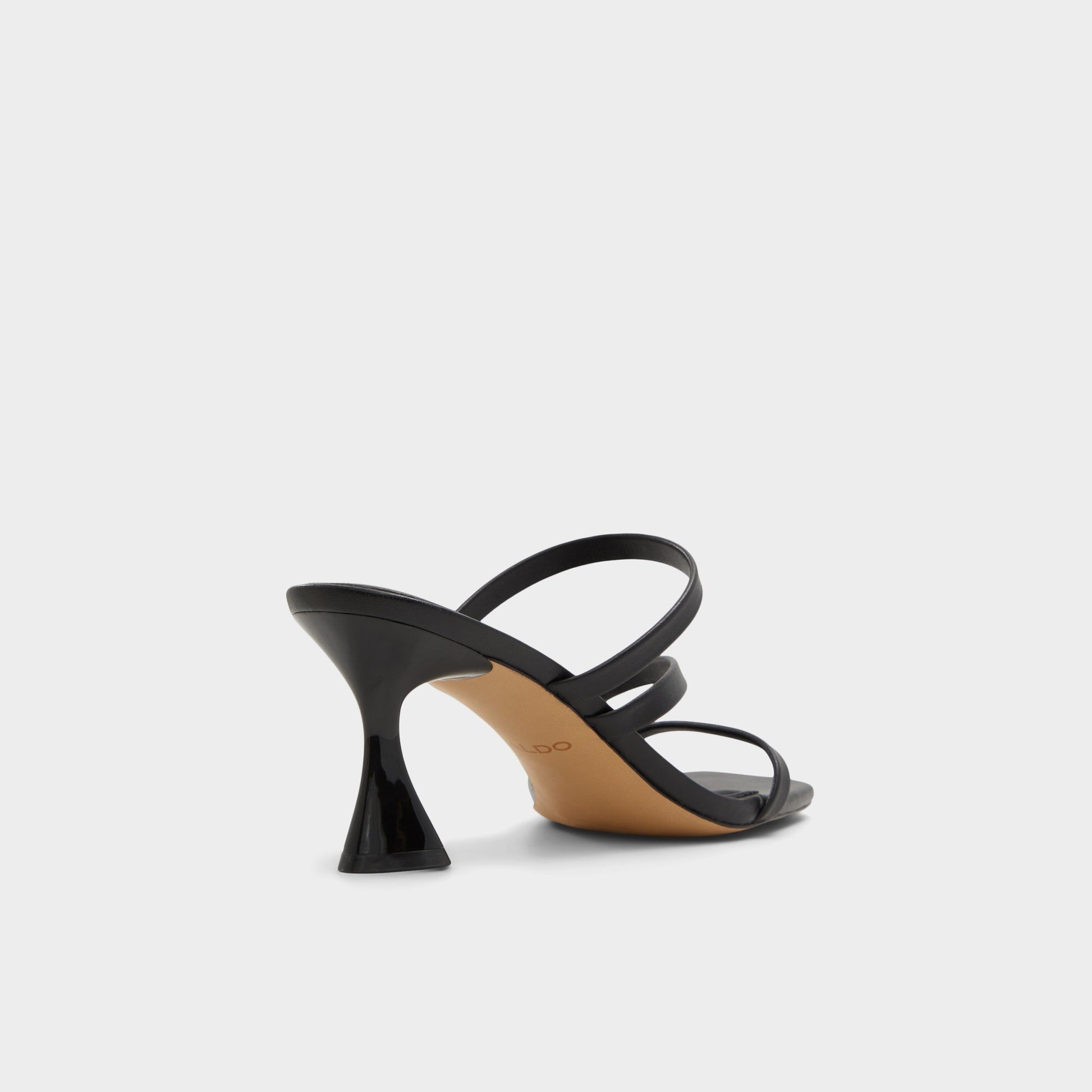 Three-quarter angle of Black Jewella Strappy heeled sandal's back side