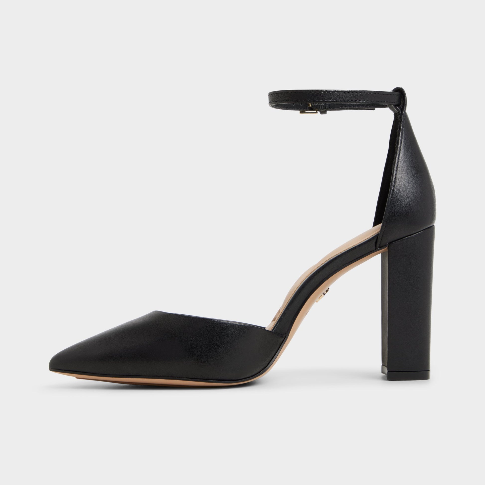 Side view of Black Faith Black strappy block heel