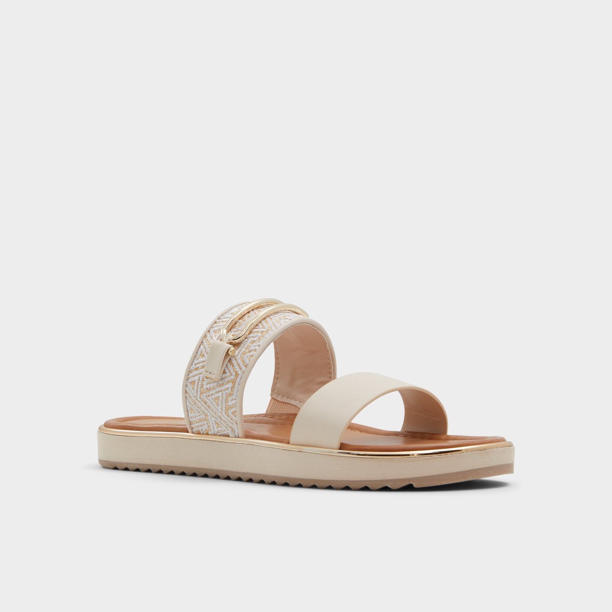 Three-quarter angle of Other beige Lagoon Slide sandal's front side