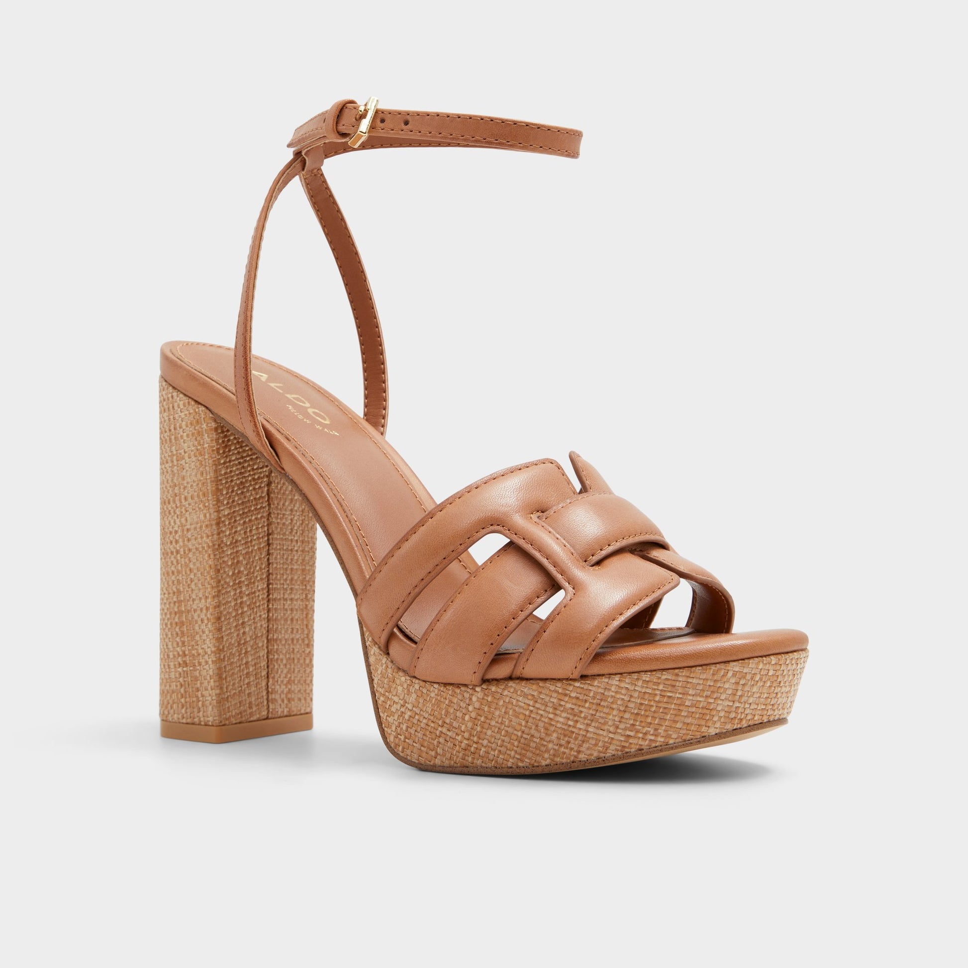 Three-quarter angle of Medium Brown Valaberel Strappy heeled sandal's front side