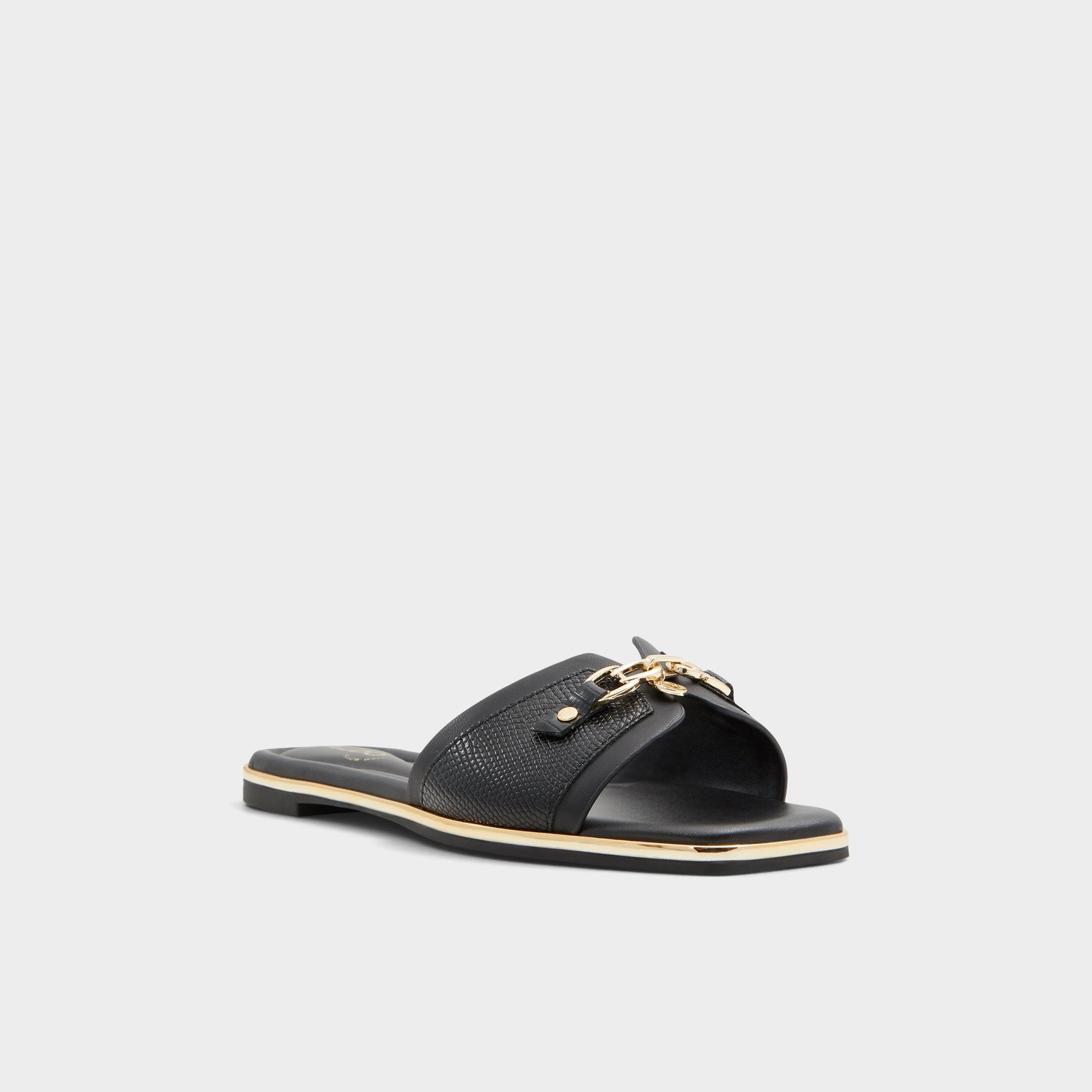 Three-quarter angle of Black Alamassi Slide sandal's front side