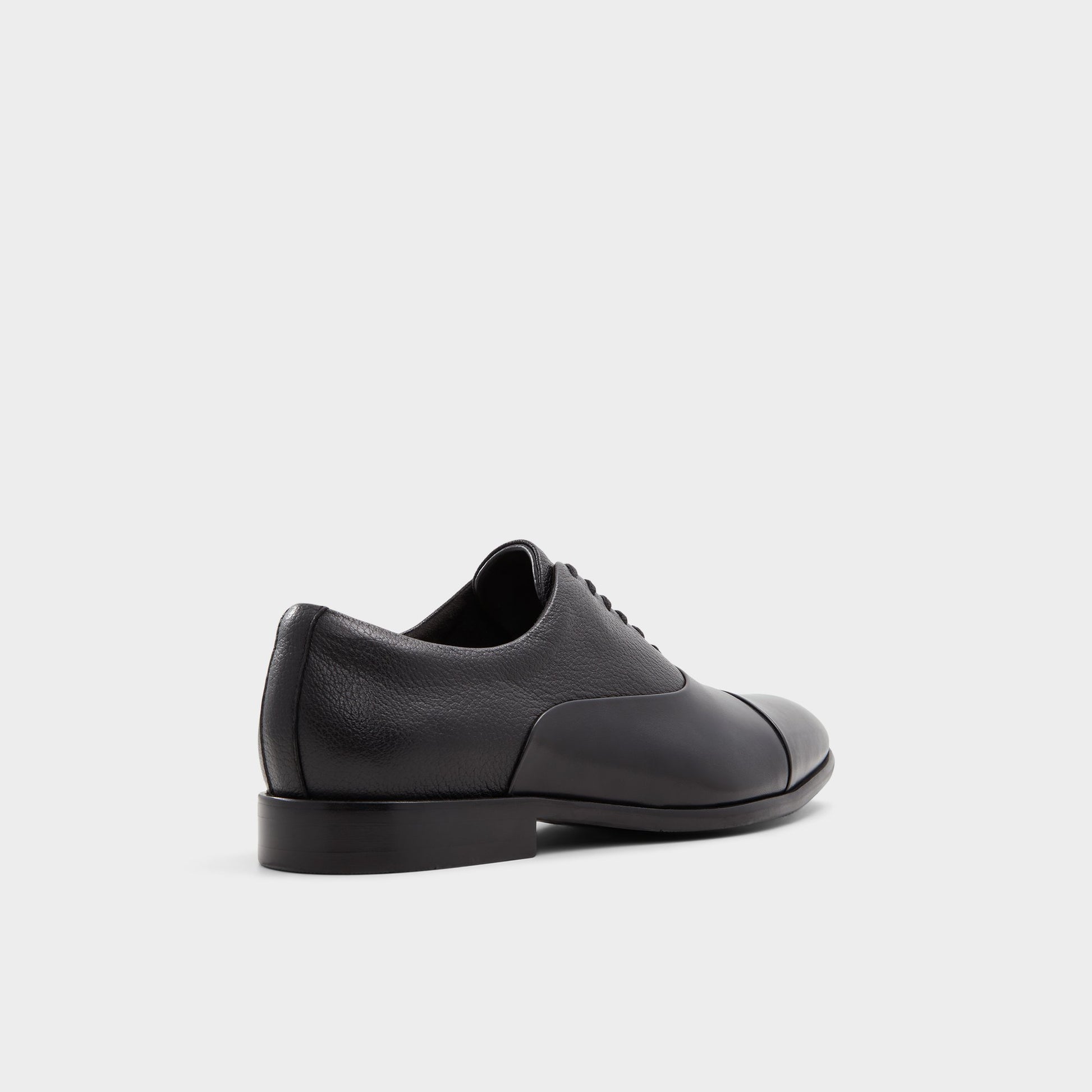 Three-quarter angle of Open Black Meekes Oxford shoe's back side