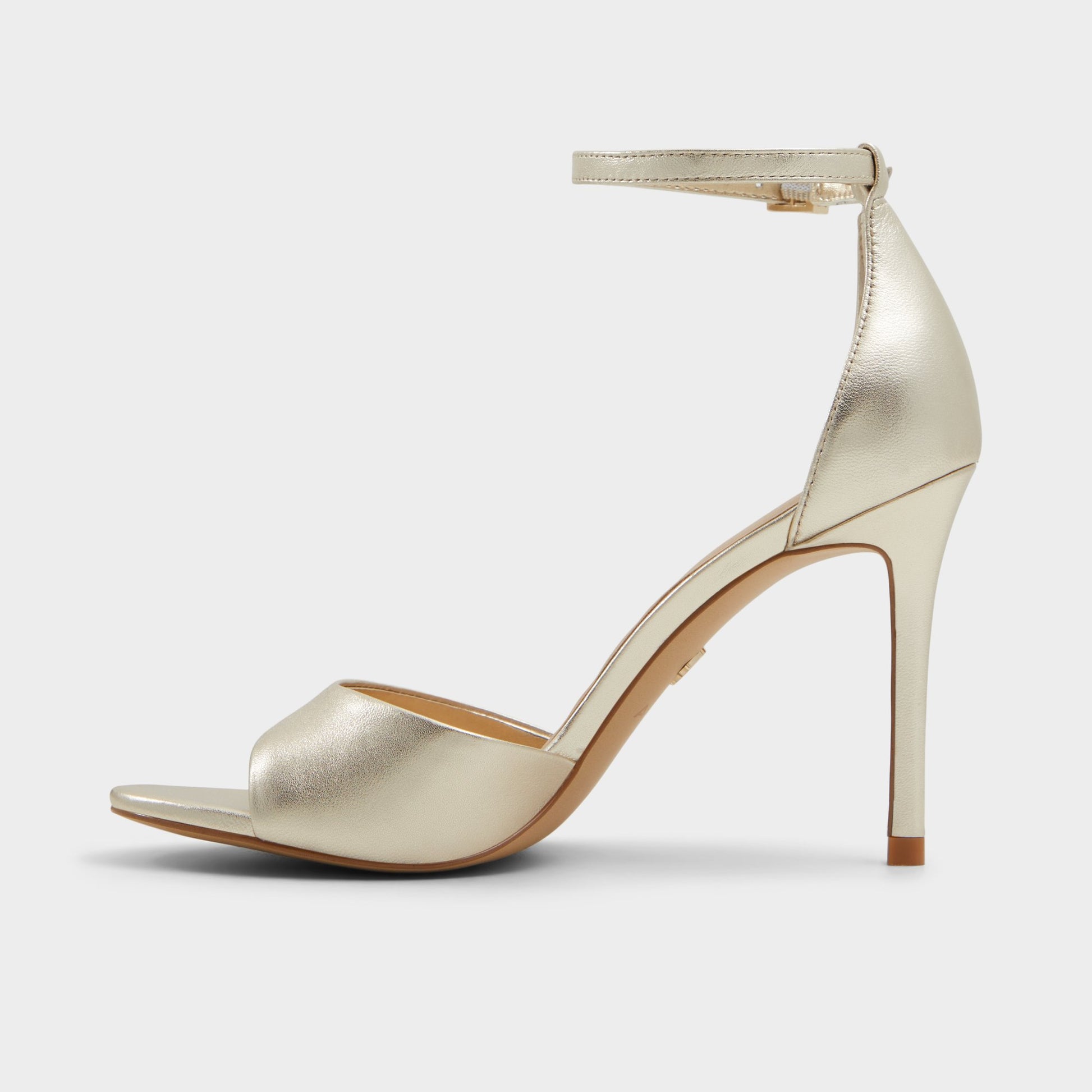 Side view of Gold Creride Strappy heeled sandal