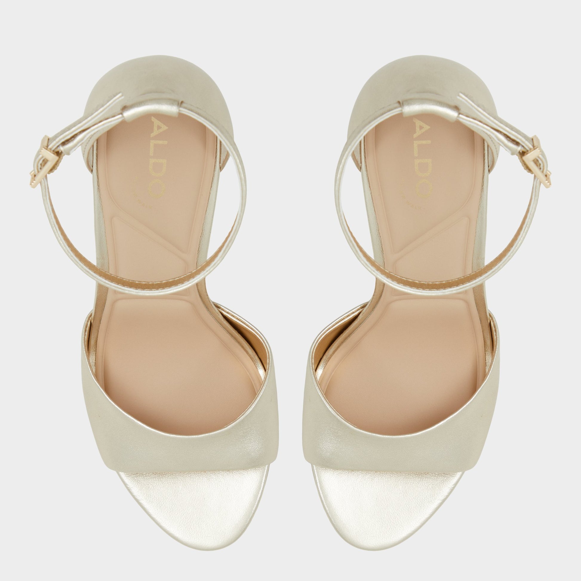 Top-down view of the Gold Creride Strappy heeled sandal