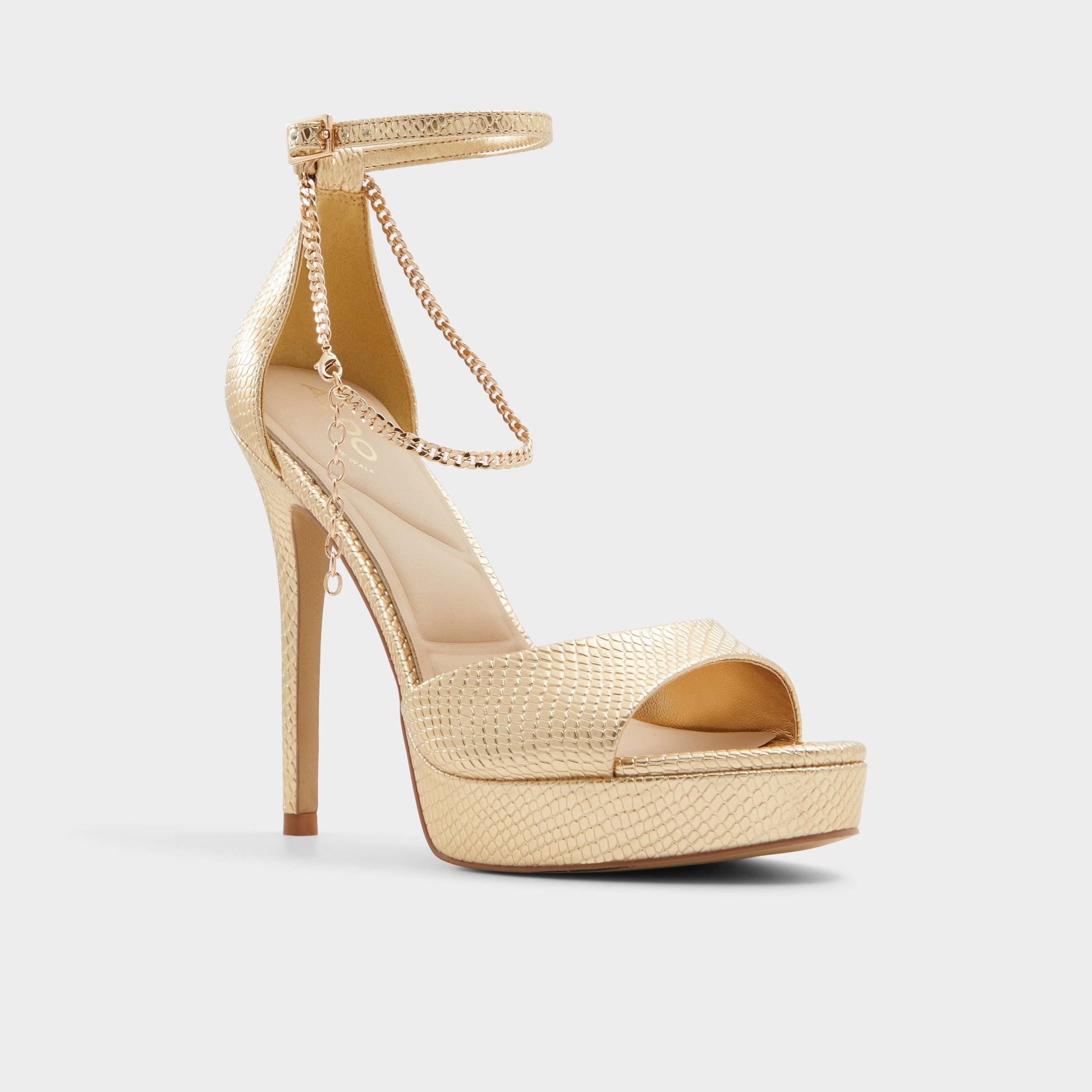 Three-quarter angle of Gold Afumeth Strappy heeled sandal's front side