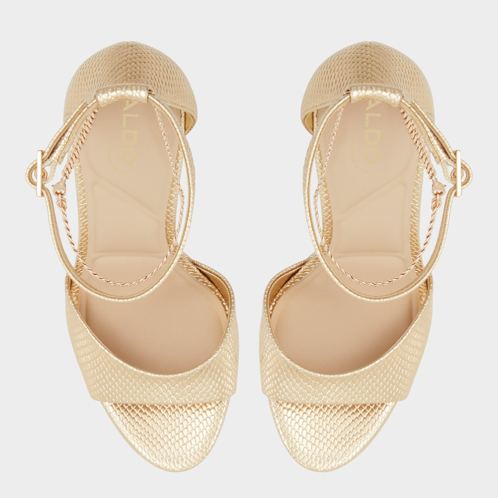 Top-down view of the Gold Afumeth Strappy heeled sandal