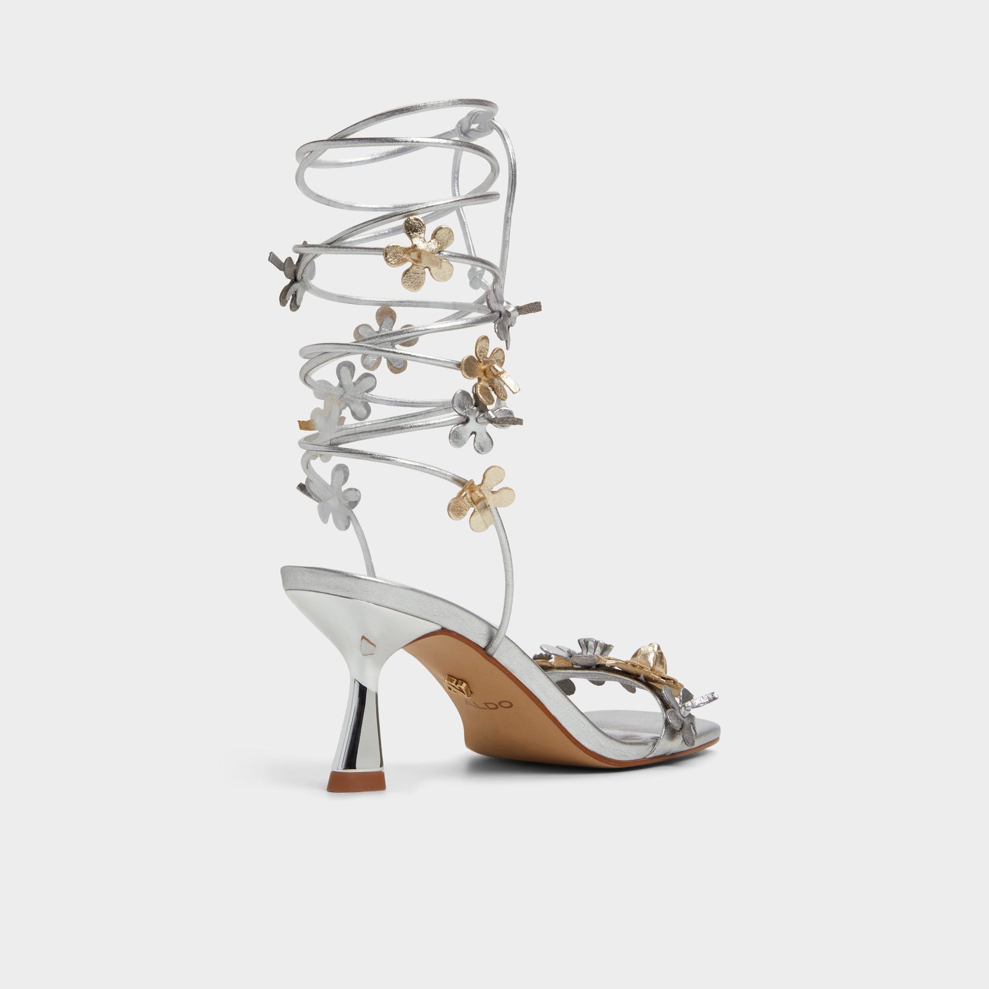 Three-quarter angle of Metallic Multi Fiorela Strappy heeled sandal's back side