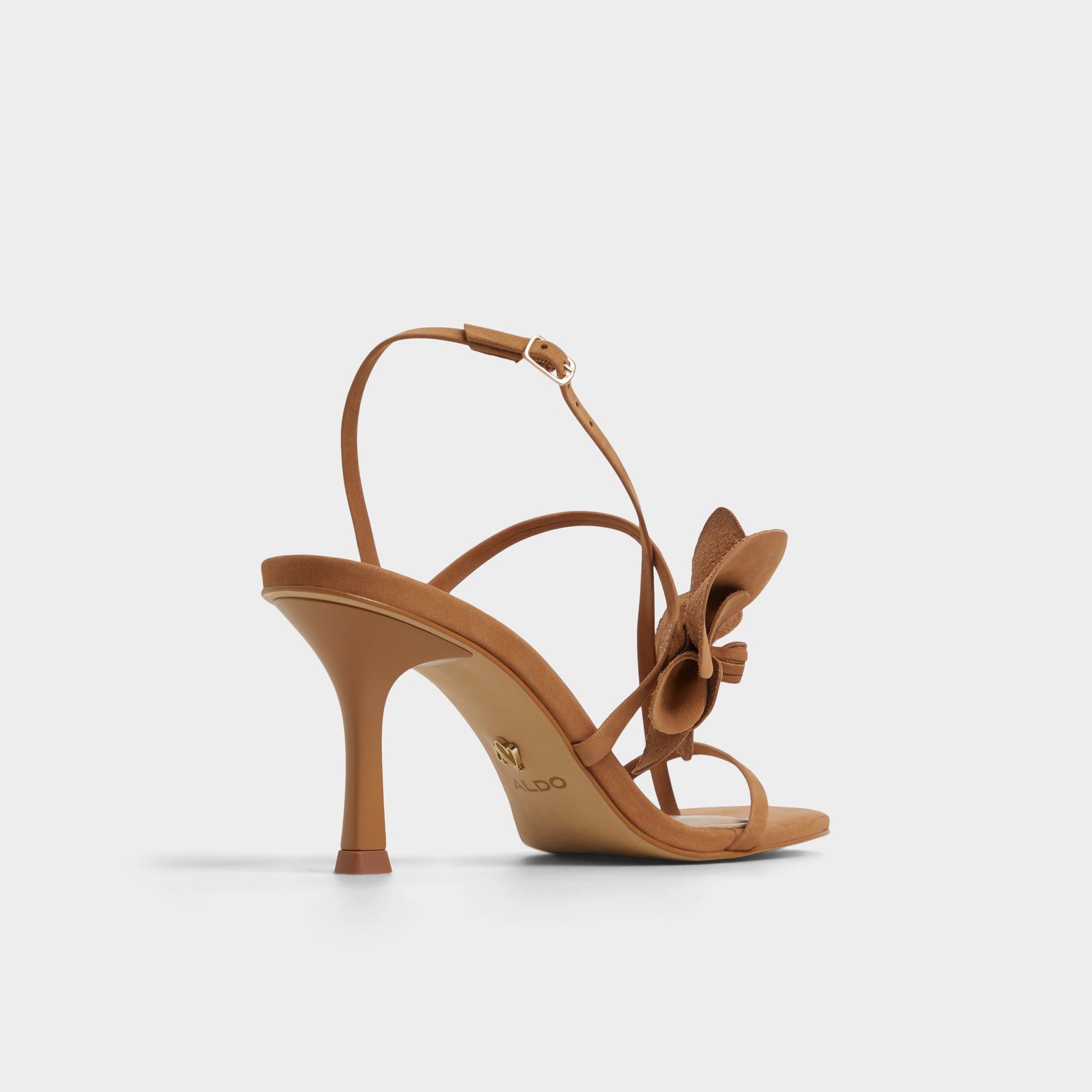 Three-quarter angle of Light Brown Sandflower Strappy heeled sandal's back side