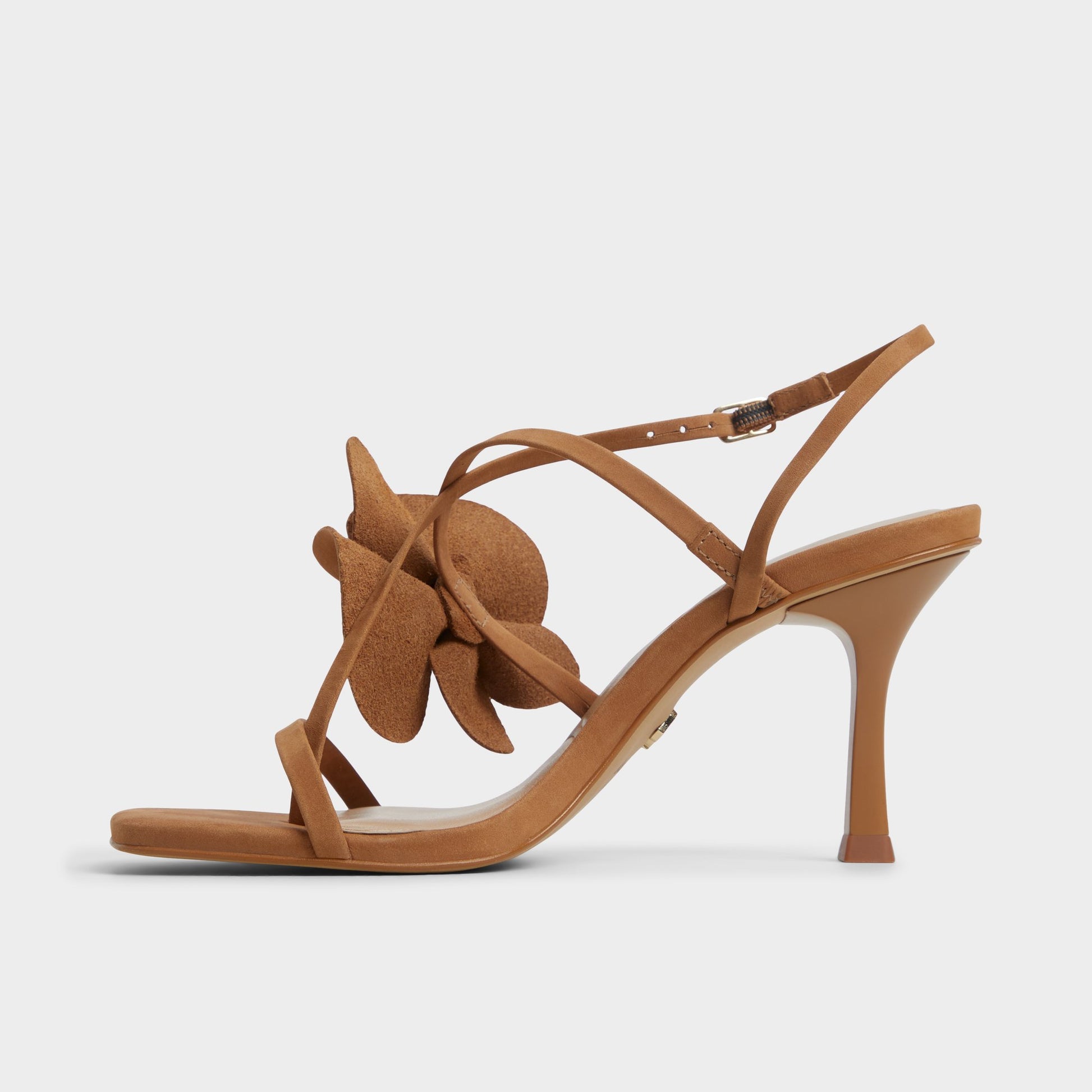 Side view of Light Brown Sandflower Strappy heeled sandal