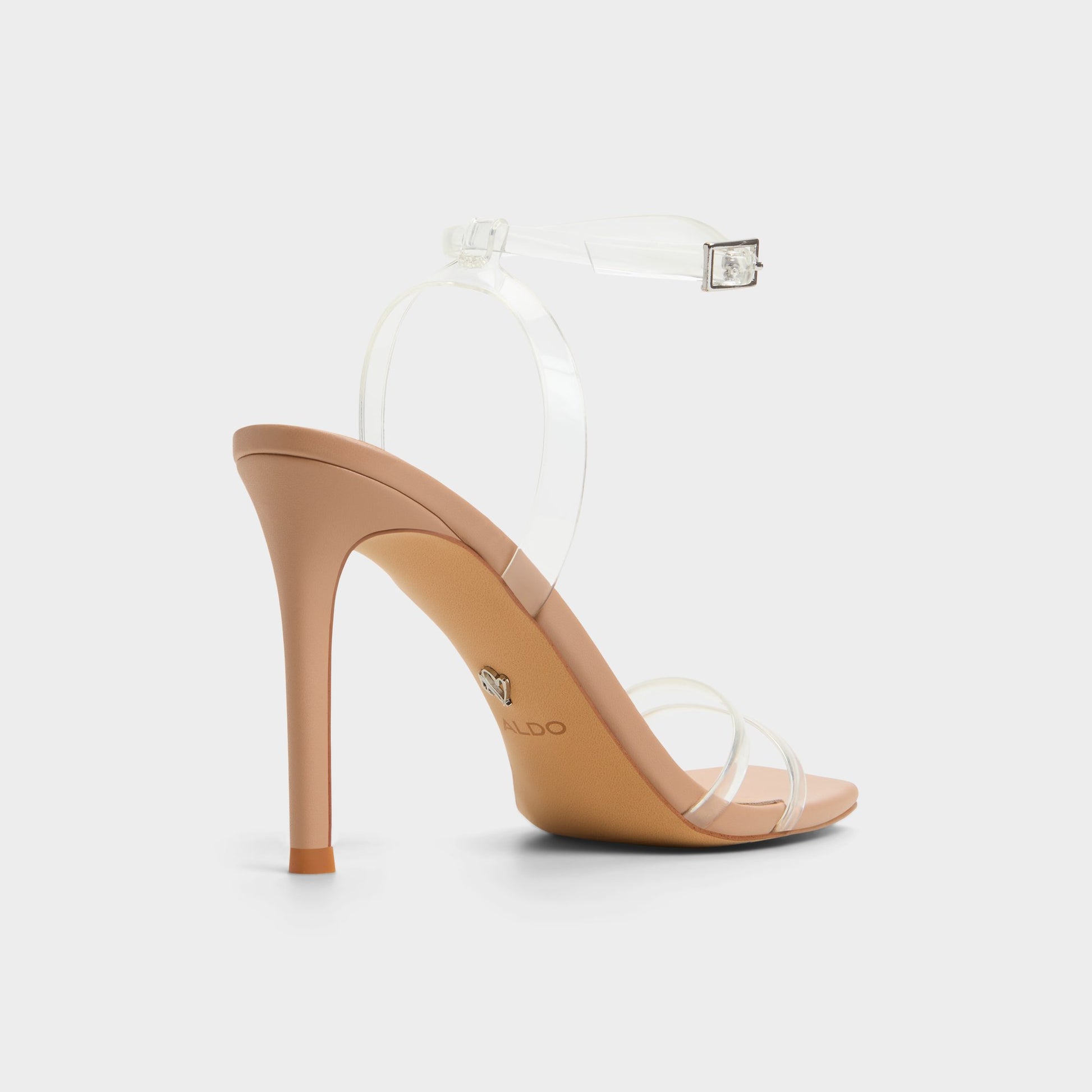 Three-quarter angle of Tan Acantha Strappy heeled sandal's back side