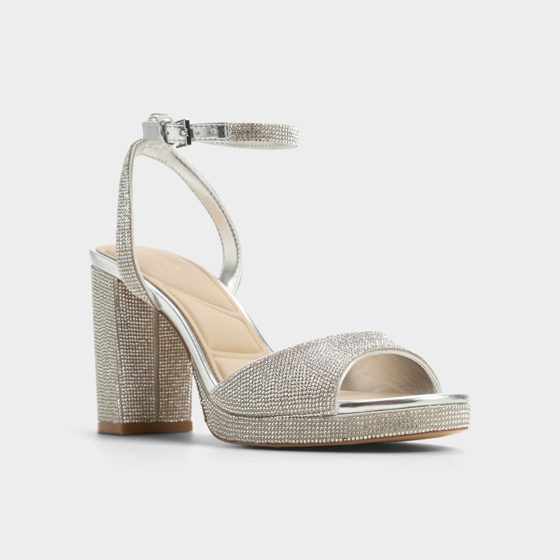 Three-quarter angle of Silver Alluring Strappy heeled sandal's front side