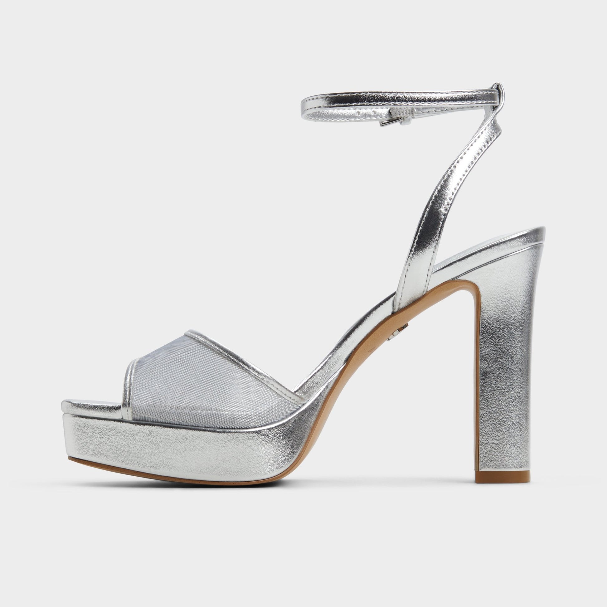 Side view of Silver Chicglimmer Strappy heeled sandal