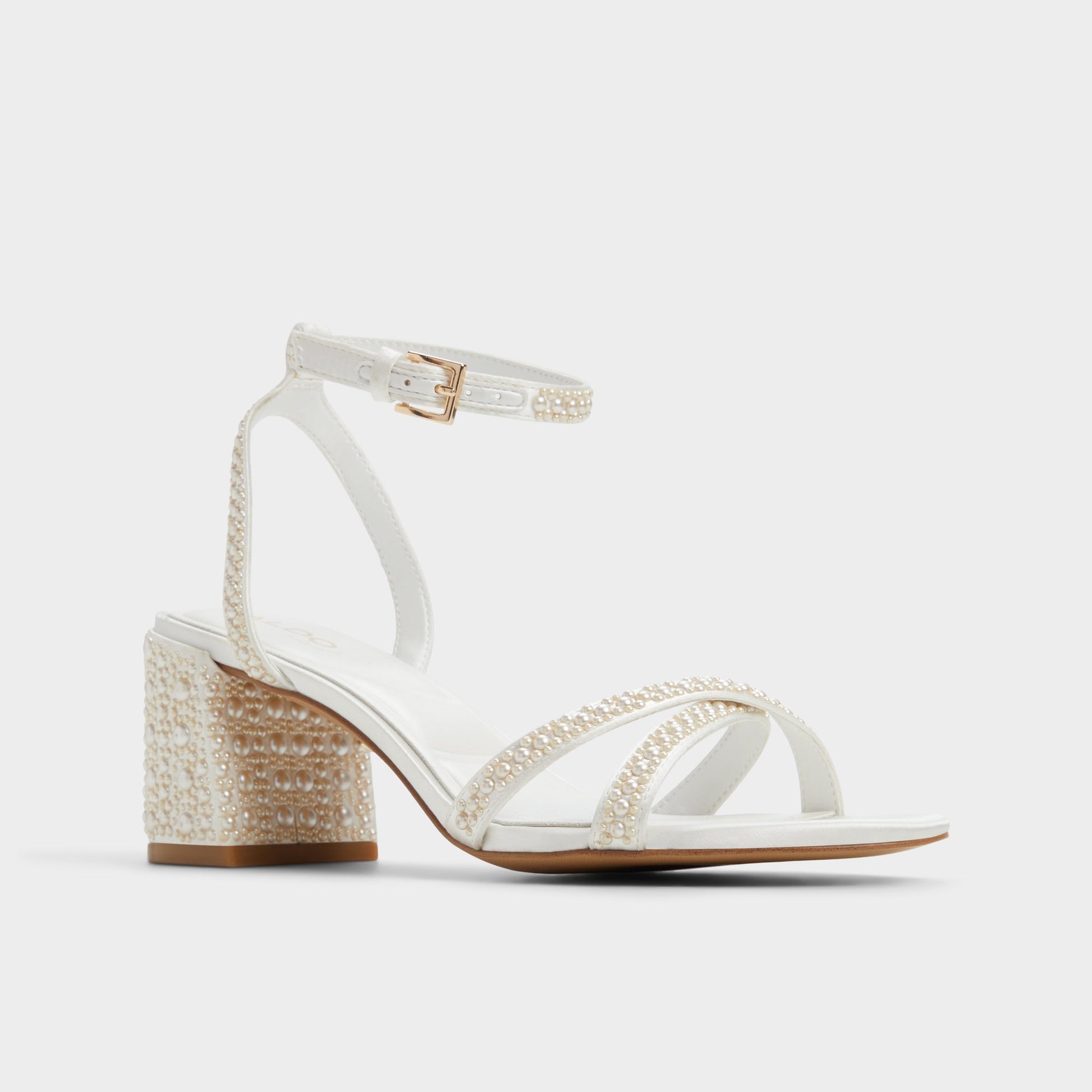Three-quarter angle of Other White Bouclettie Strappy heeled sandal's front side