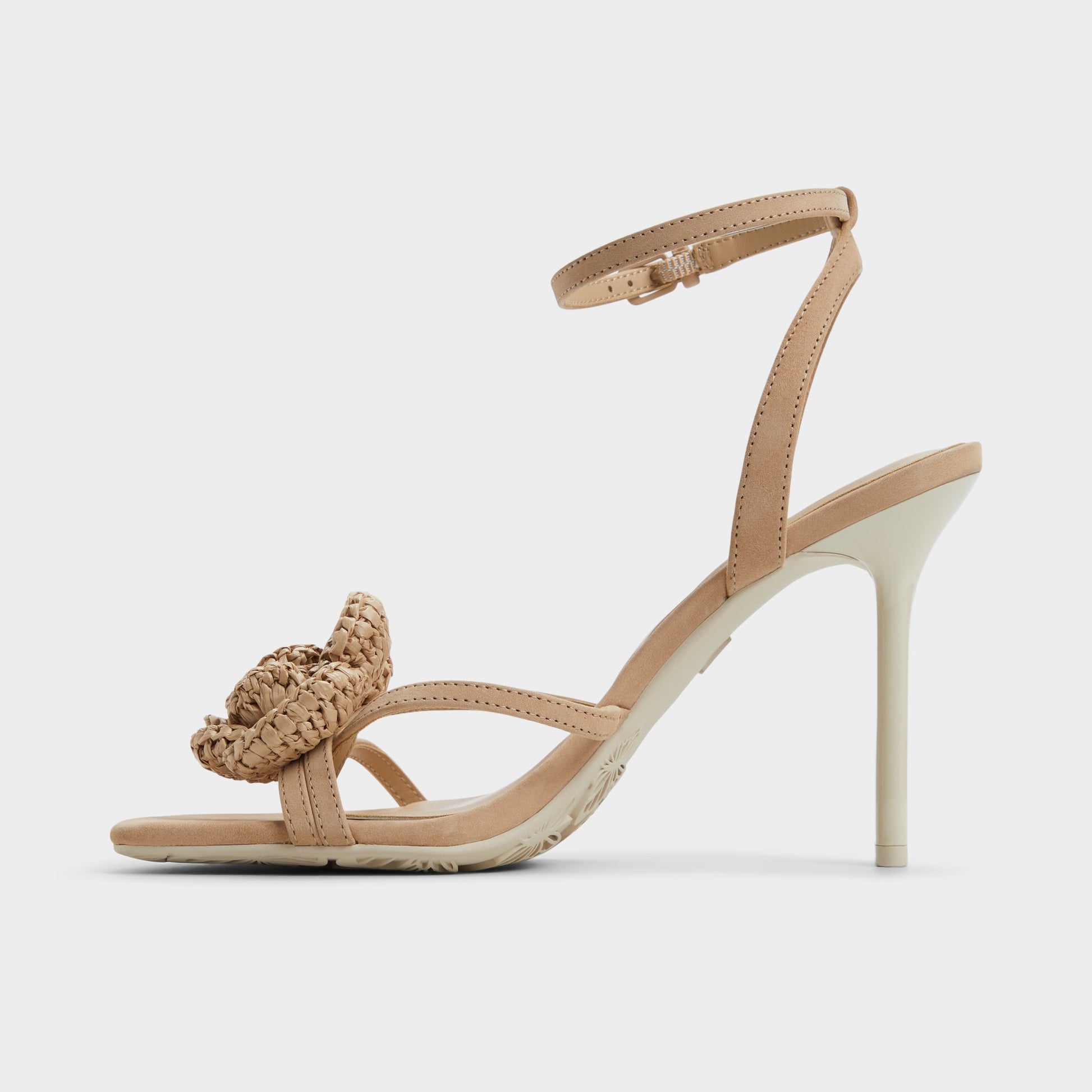 Side view of Sand Wildblossom Strappy heeled sandal