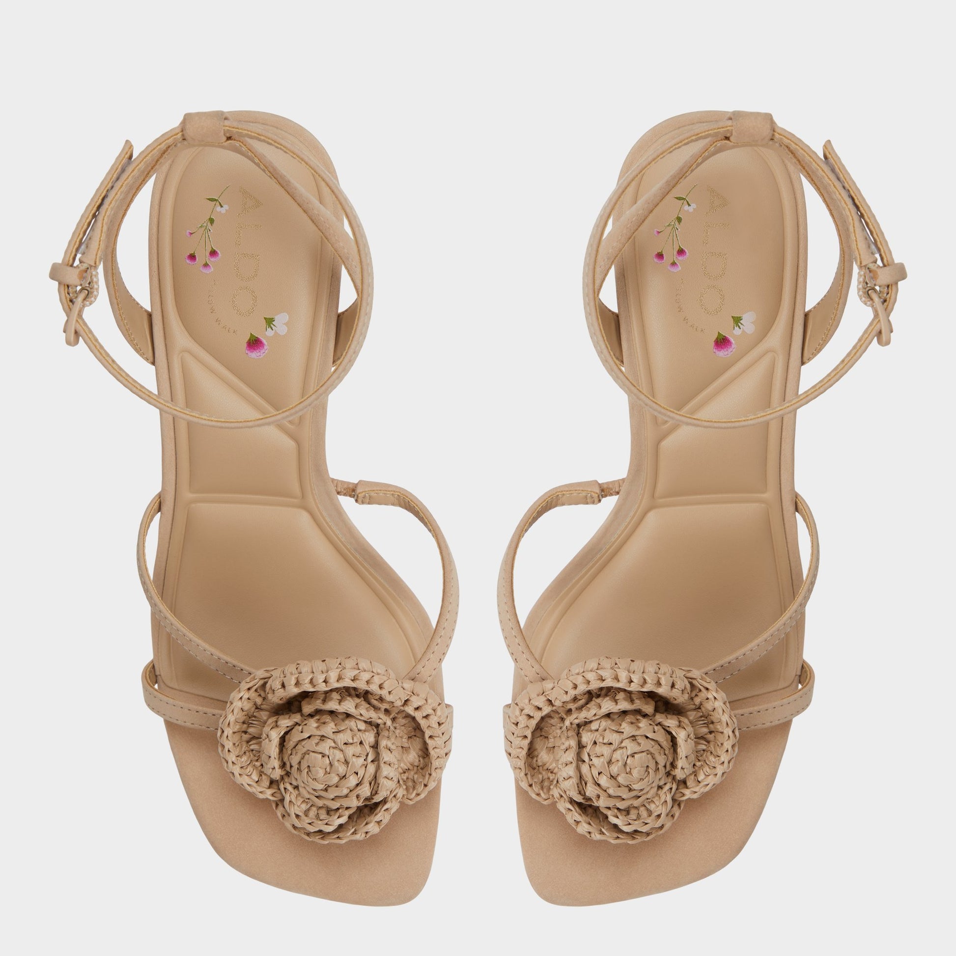 Top-down view of the Sand Wildblossom Strappy heeled sandal