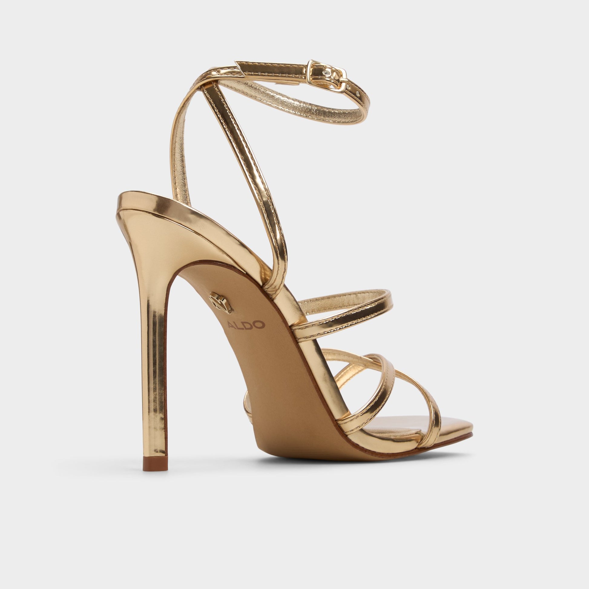 Three-quarter angle of Gold Galoi Strappy heeled sandal's back side