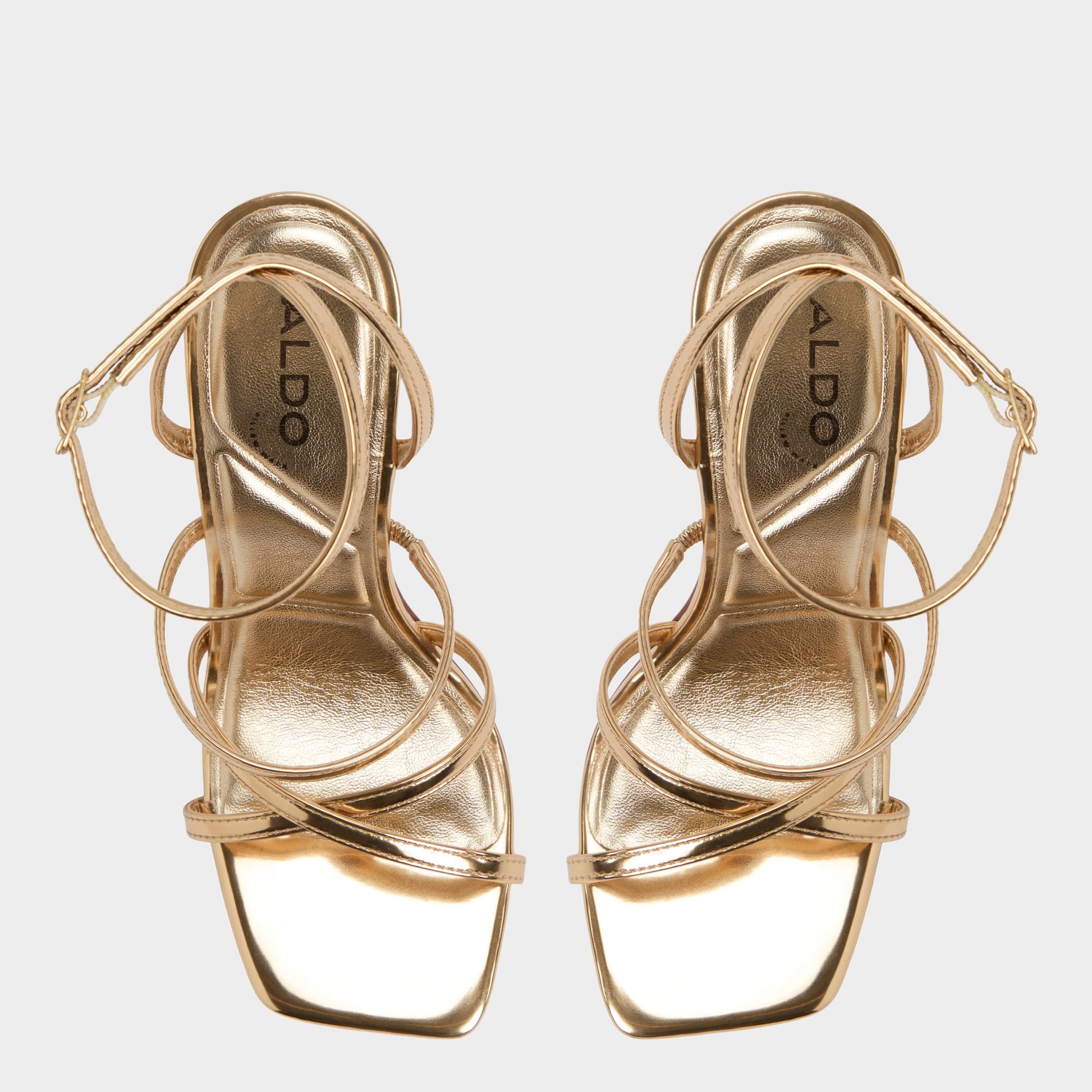 Top-down view of the Gold Galoi Strappy heeled sandal