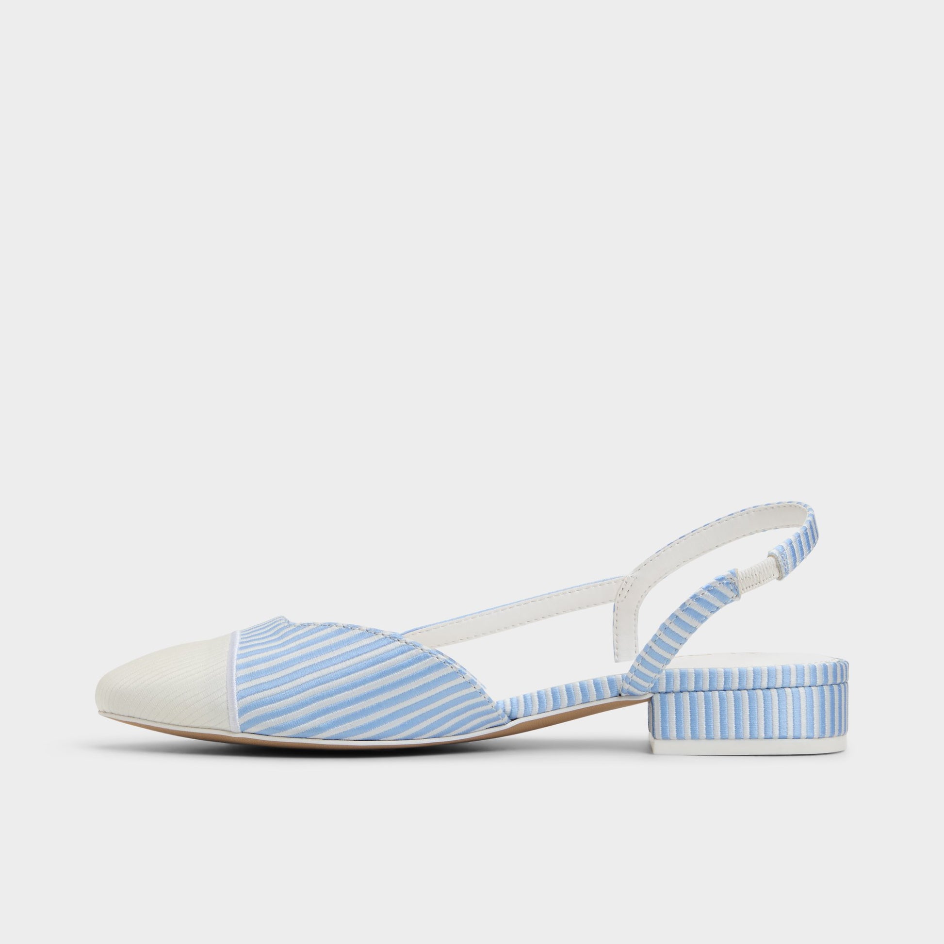 Side view of Blue/White Combo Clementinne Sling back high heel