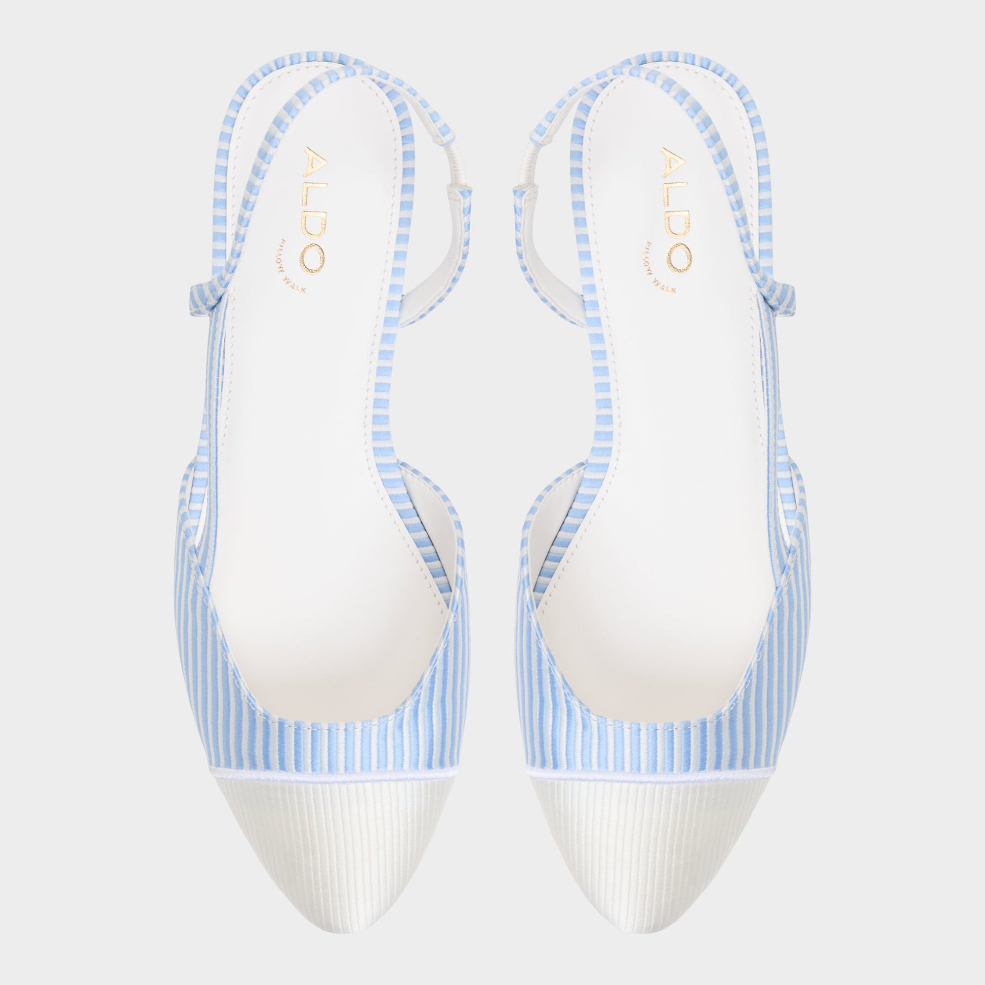 Top-down view of the Blue/White Combo Clementinne Sling back high heel