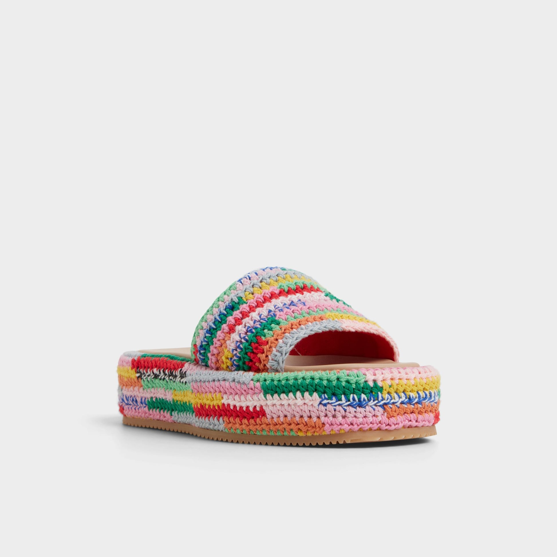 Three-quarter angle of Bright Multi Bohemina Flatform sandal's front side