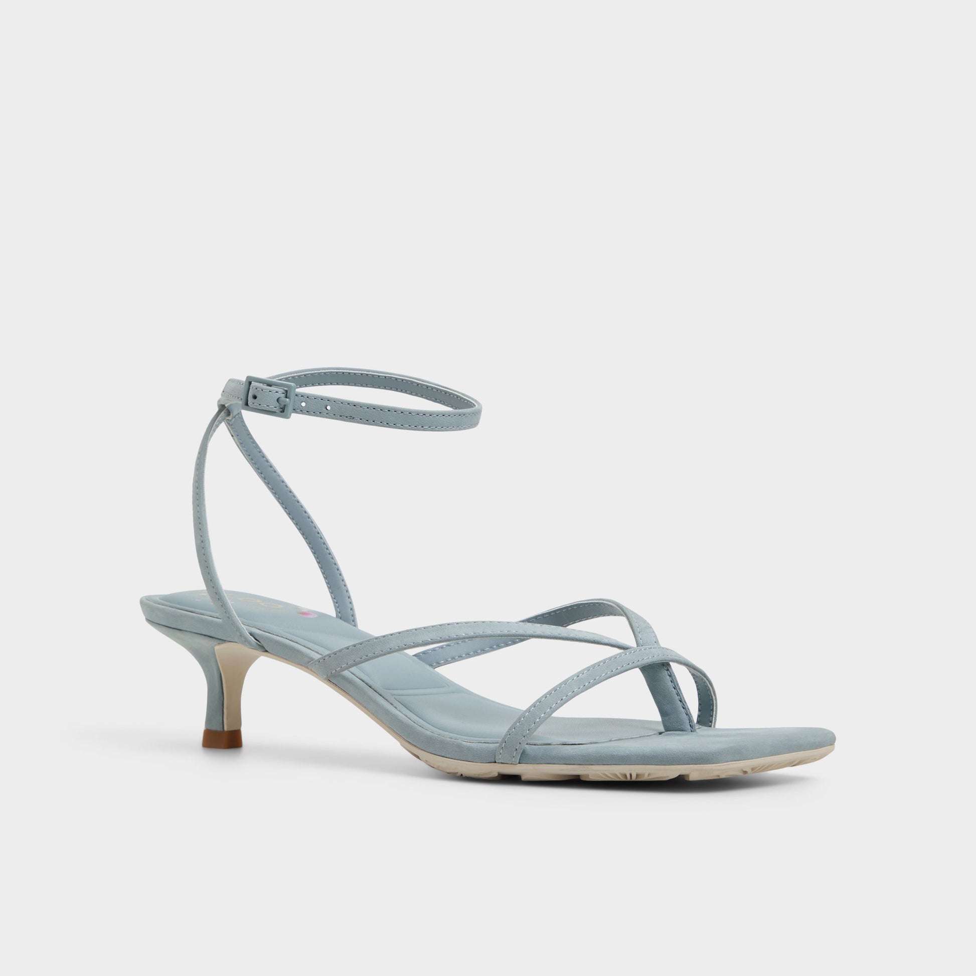 Three-quarter angle of Other Blue Soffie Strappy heeled sandal's front side
