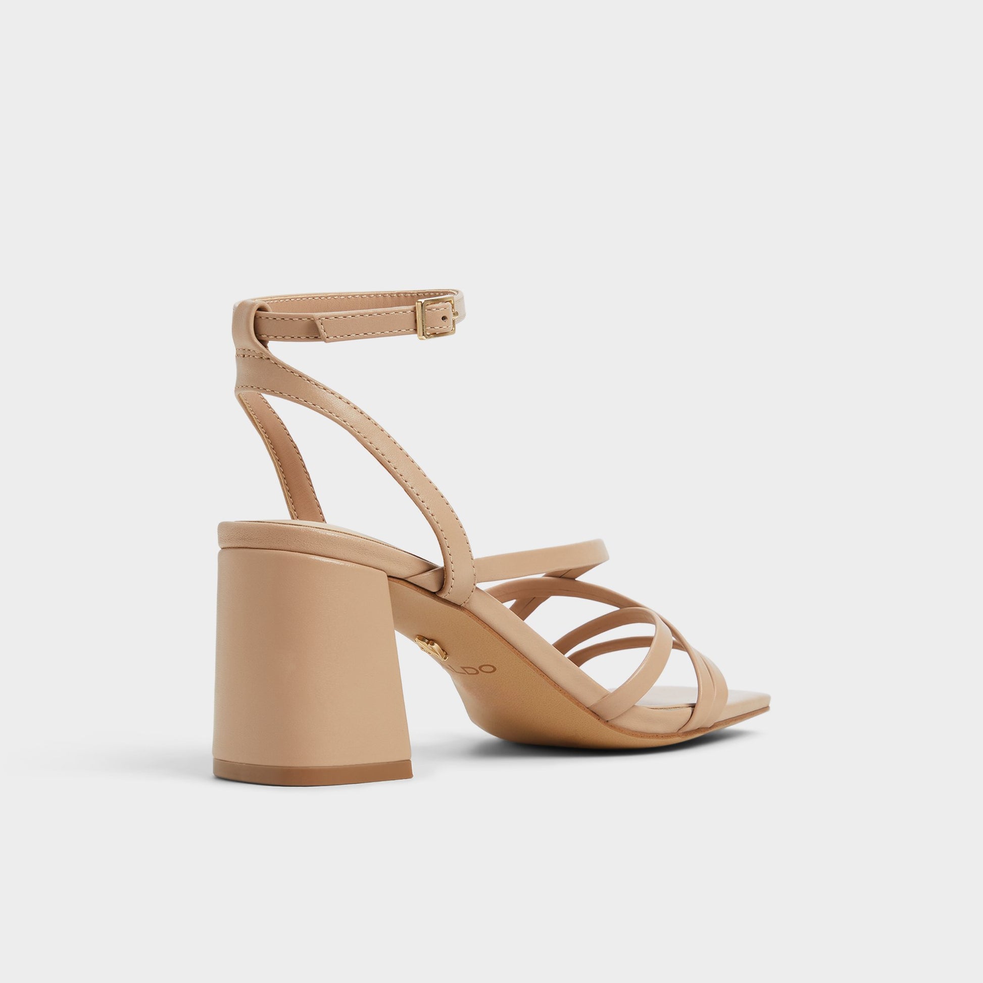 Three-quarter angle of Tan Esther Strappy heeled sandal's back side