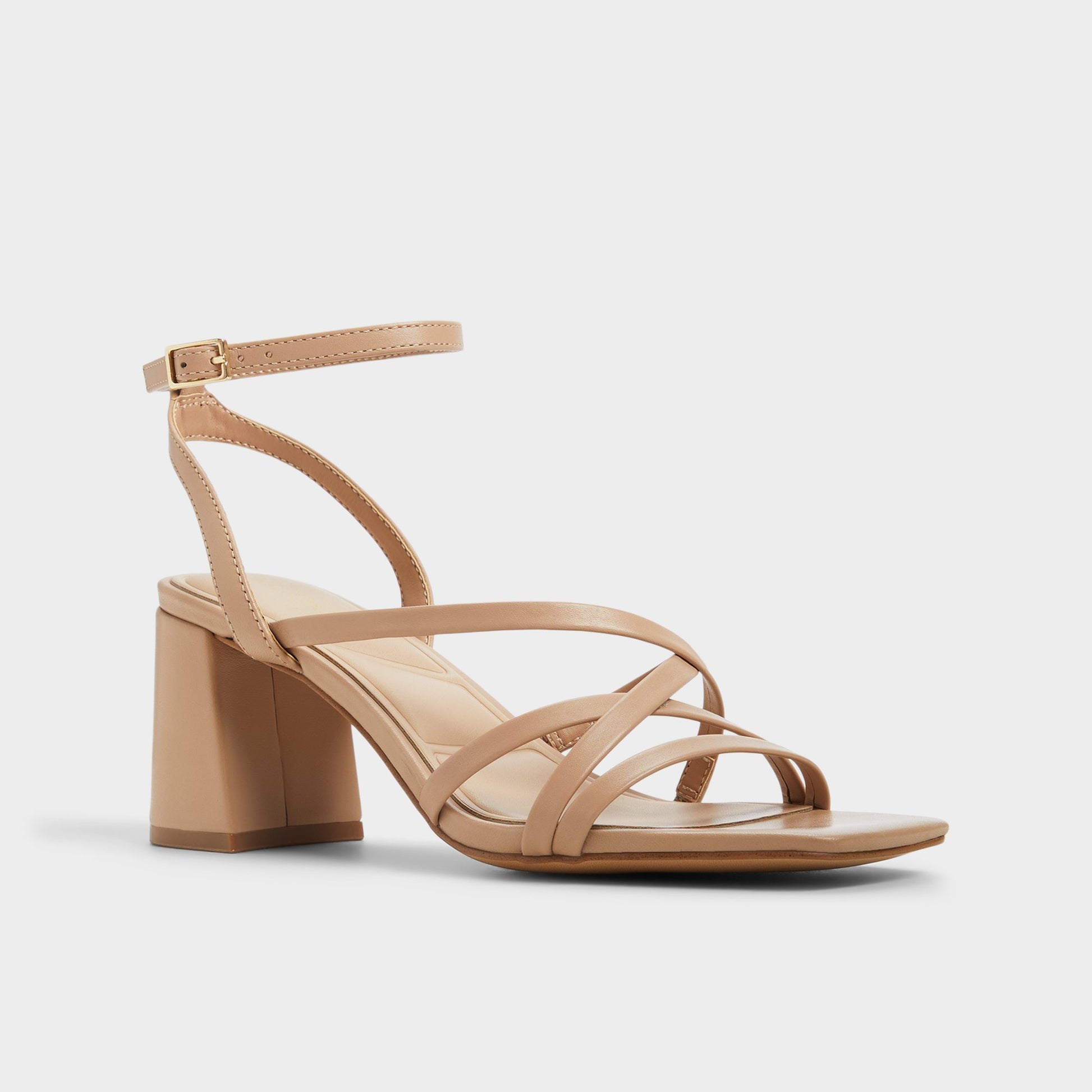 Three-quarter angle of Tan Esther Strappy heeled sandal's front side
