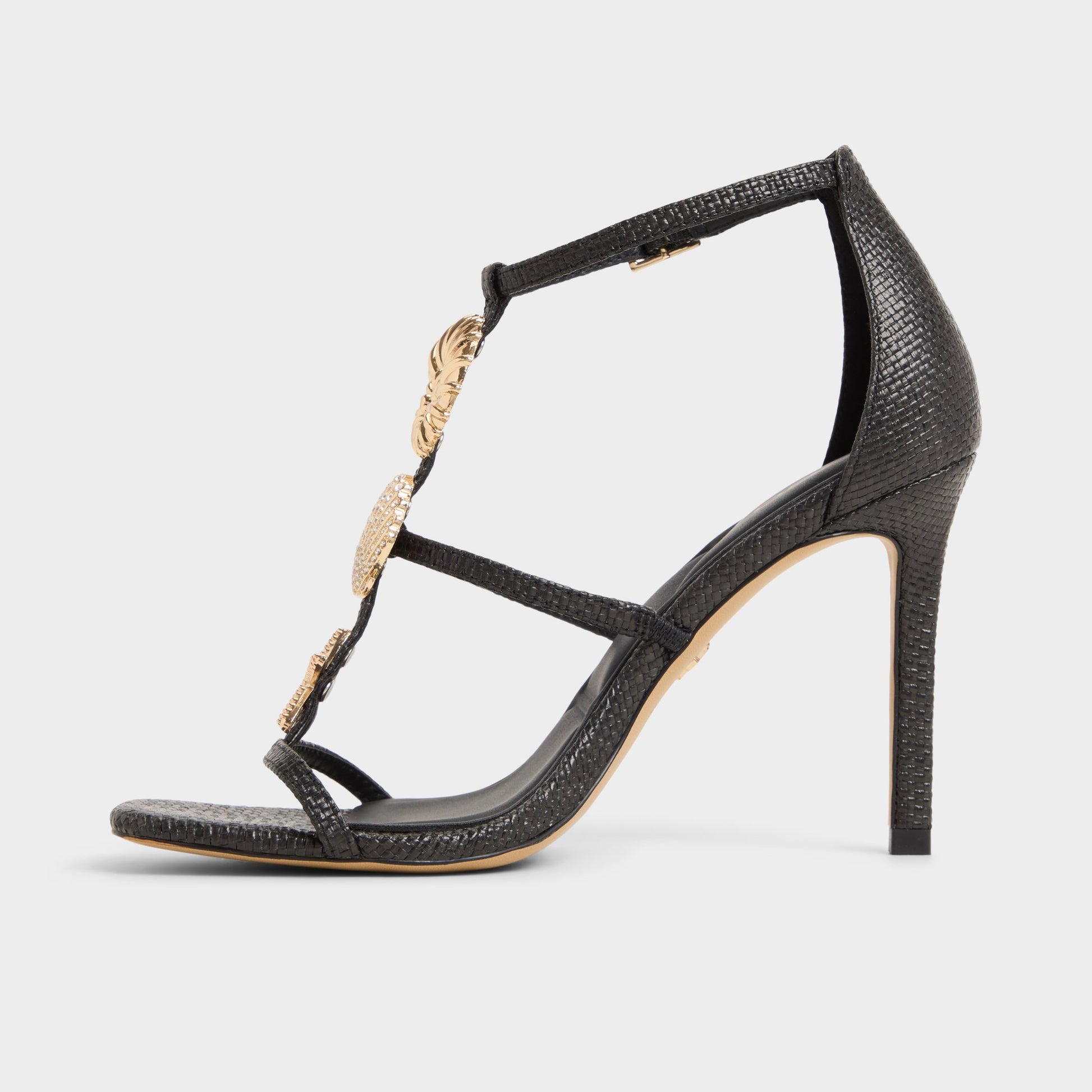 Side view of Black Summerdate Strappy heeled sandal