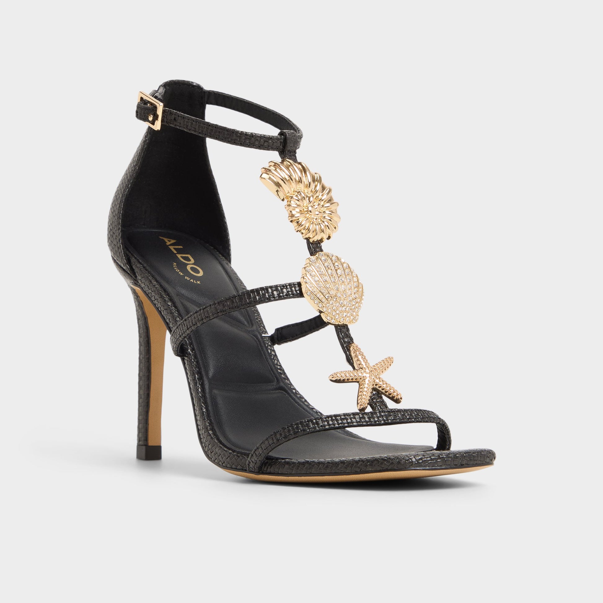 Three-quarter angle of Black Summerdate Strappy heeled sandal's front side
