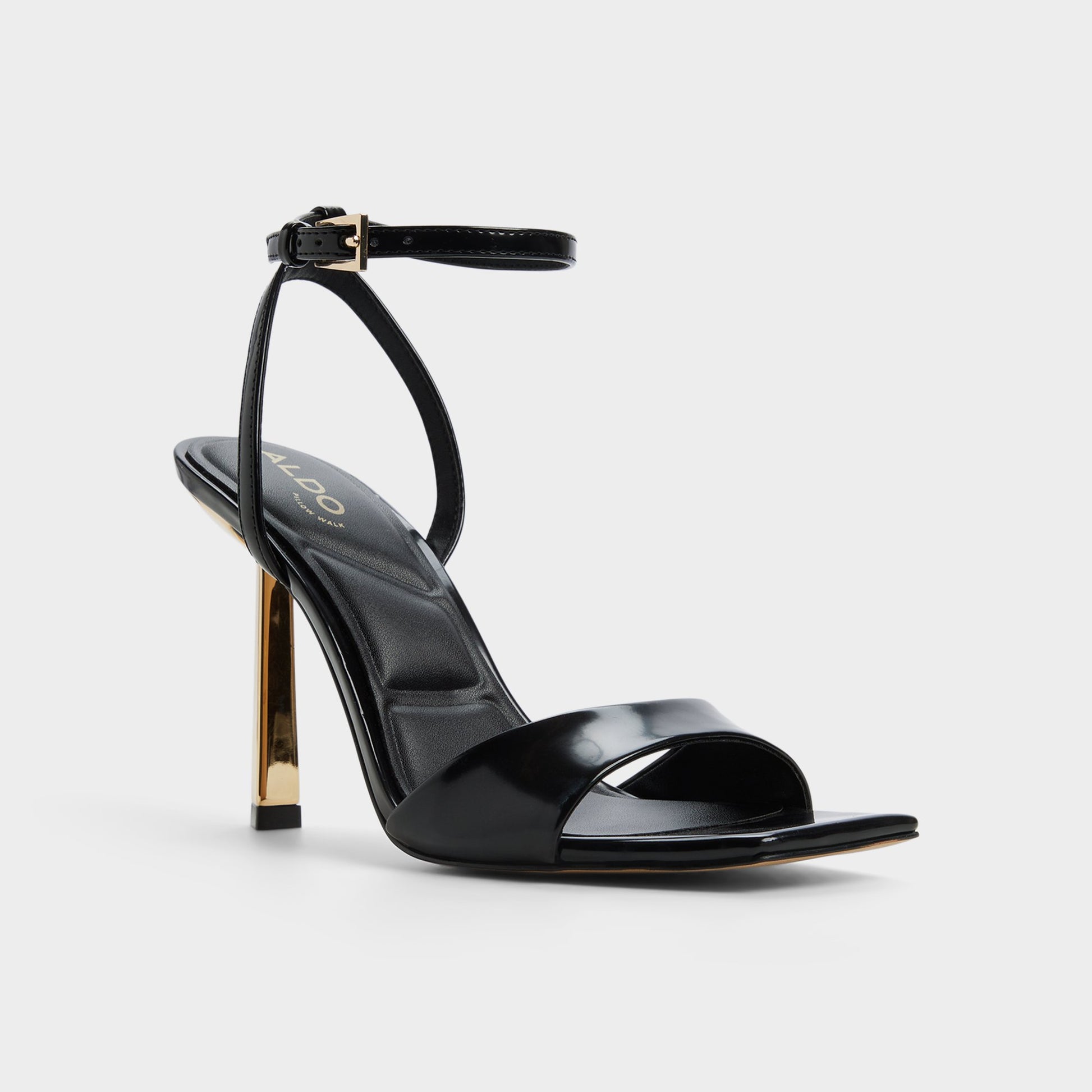 Three-quarter angle of Black Illustrious Strappy heeled sandal's front side