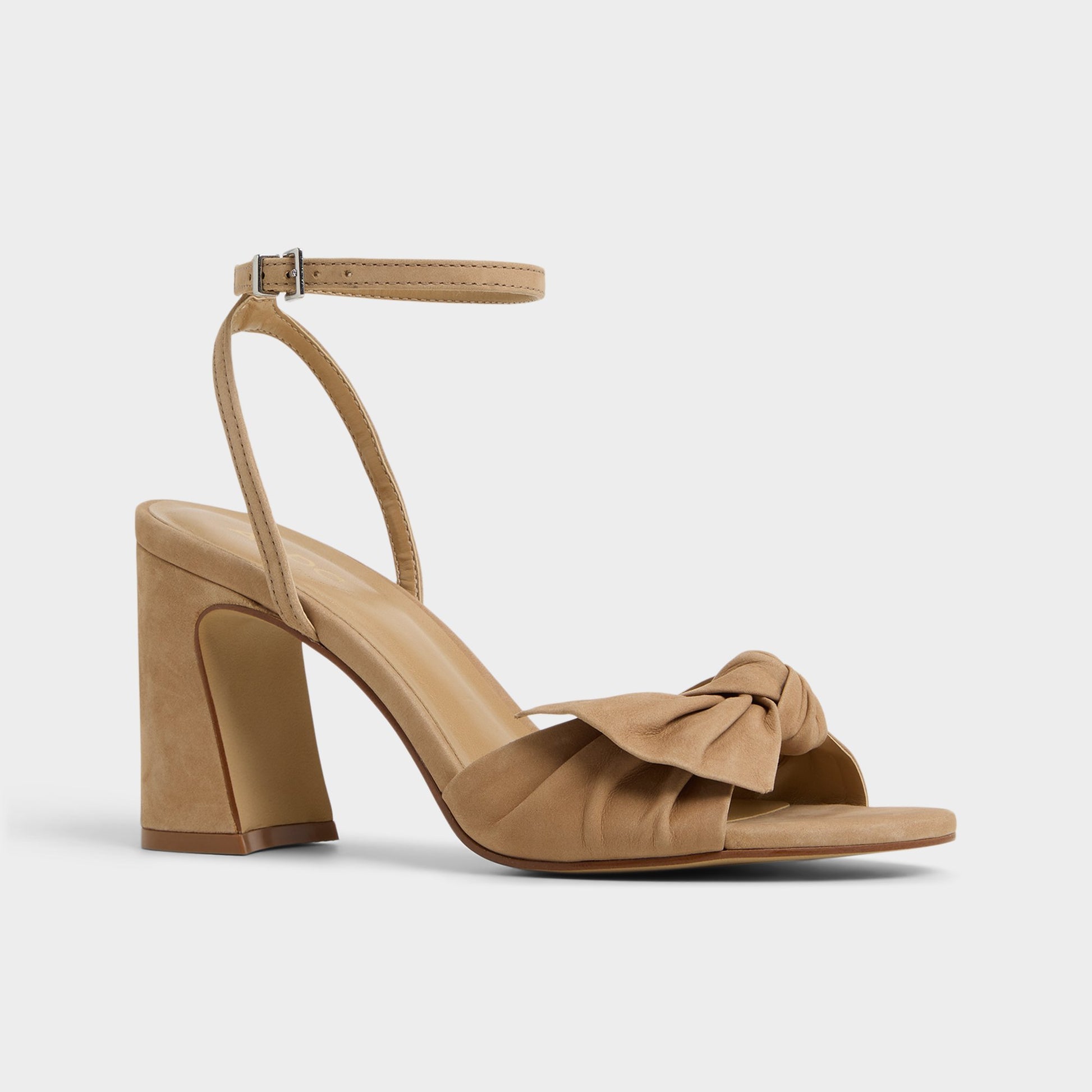 Three-quarter angle of Other Green Angelknot Strappy heeled sandal's front side