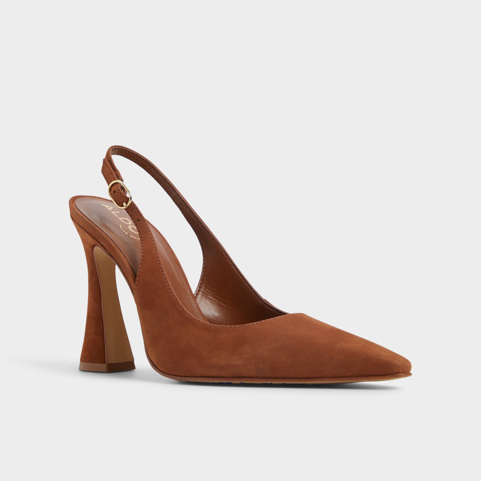 Three-quarter angle of Medium Brown Daphnea Slingback heel's front side