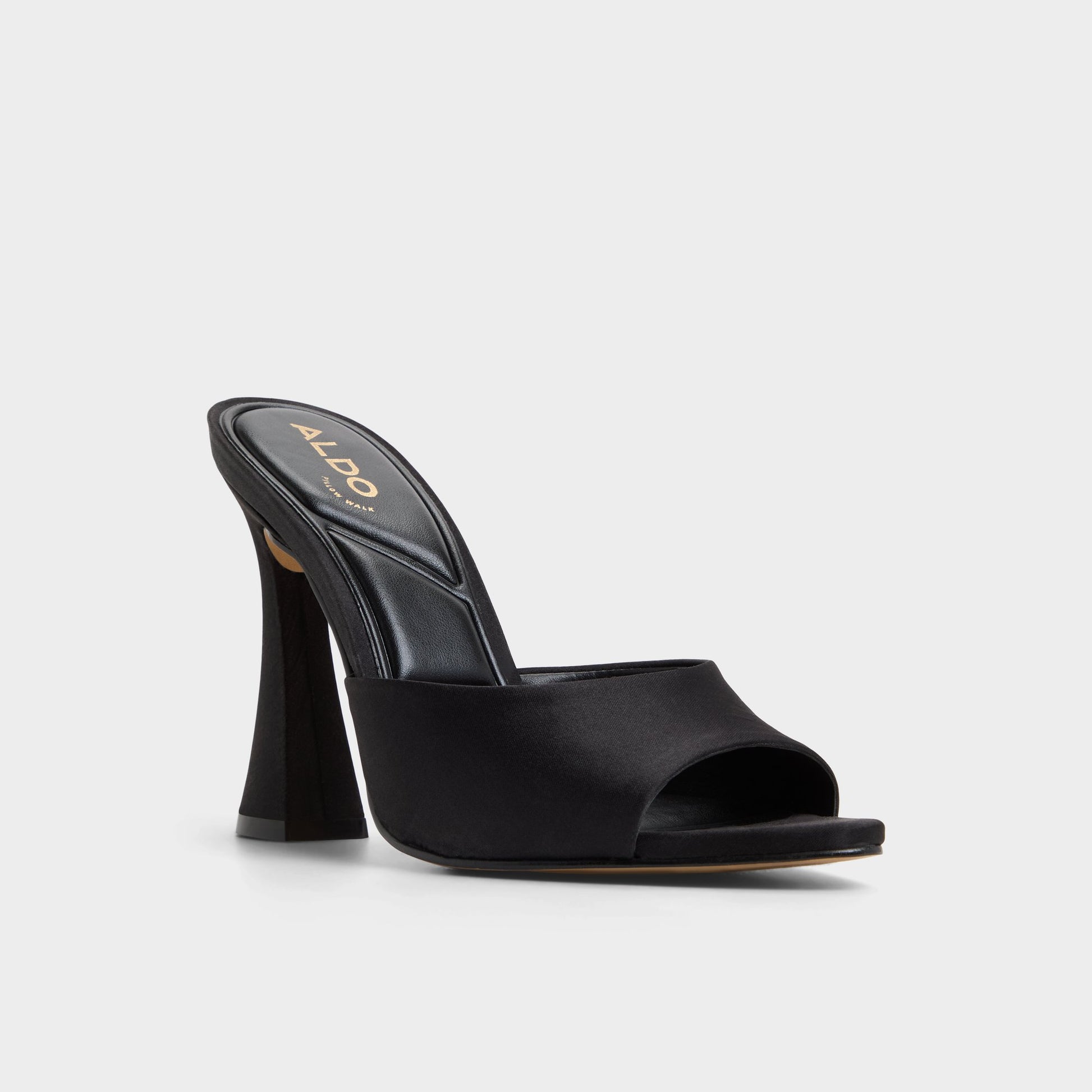 Three-quarter angle of Black Rylea Heeled mule's front side