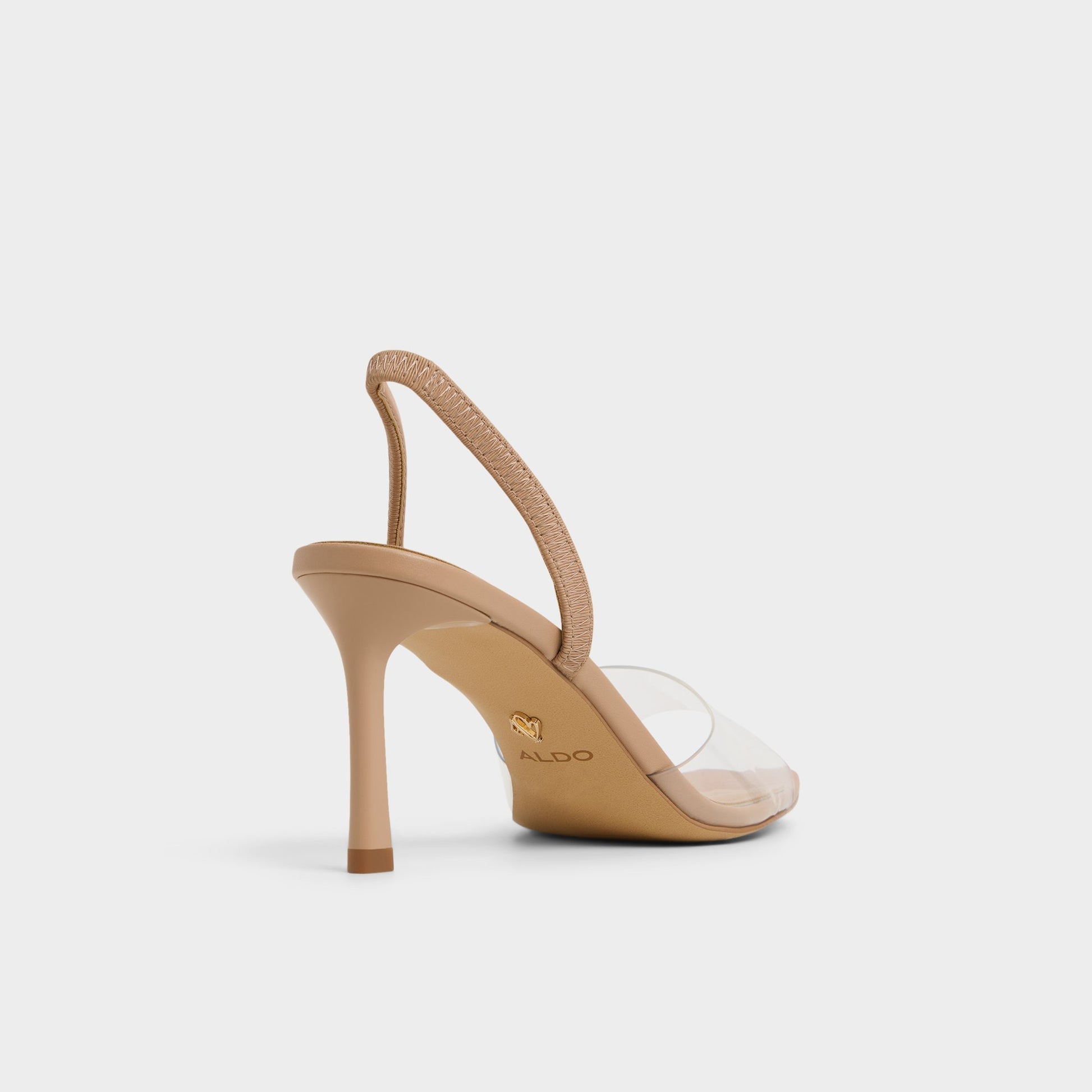 Three-quarter angle of Beige Andyana Slingback heeled sandal's back side