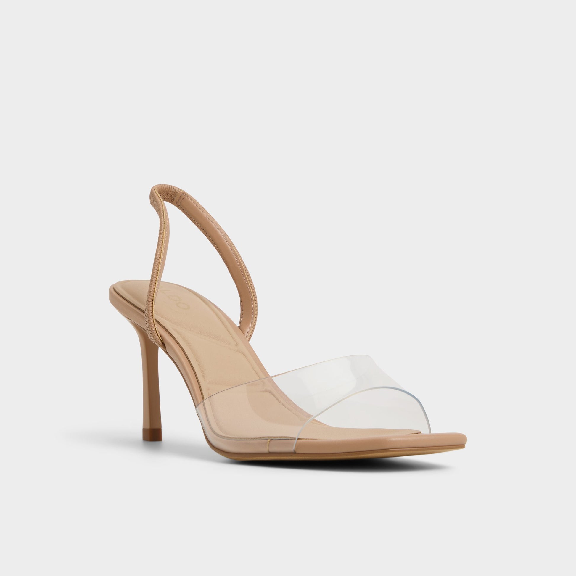 Three-quarter angle of Beige Andyana Slingback heeled sandal's front side