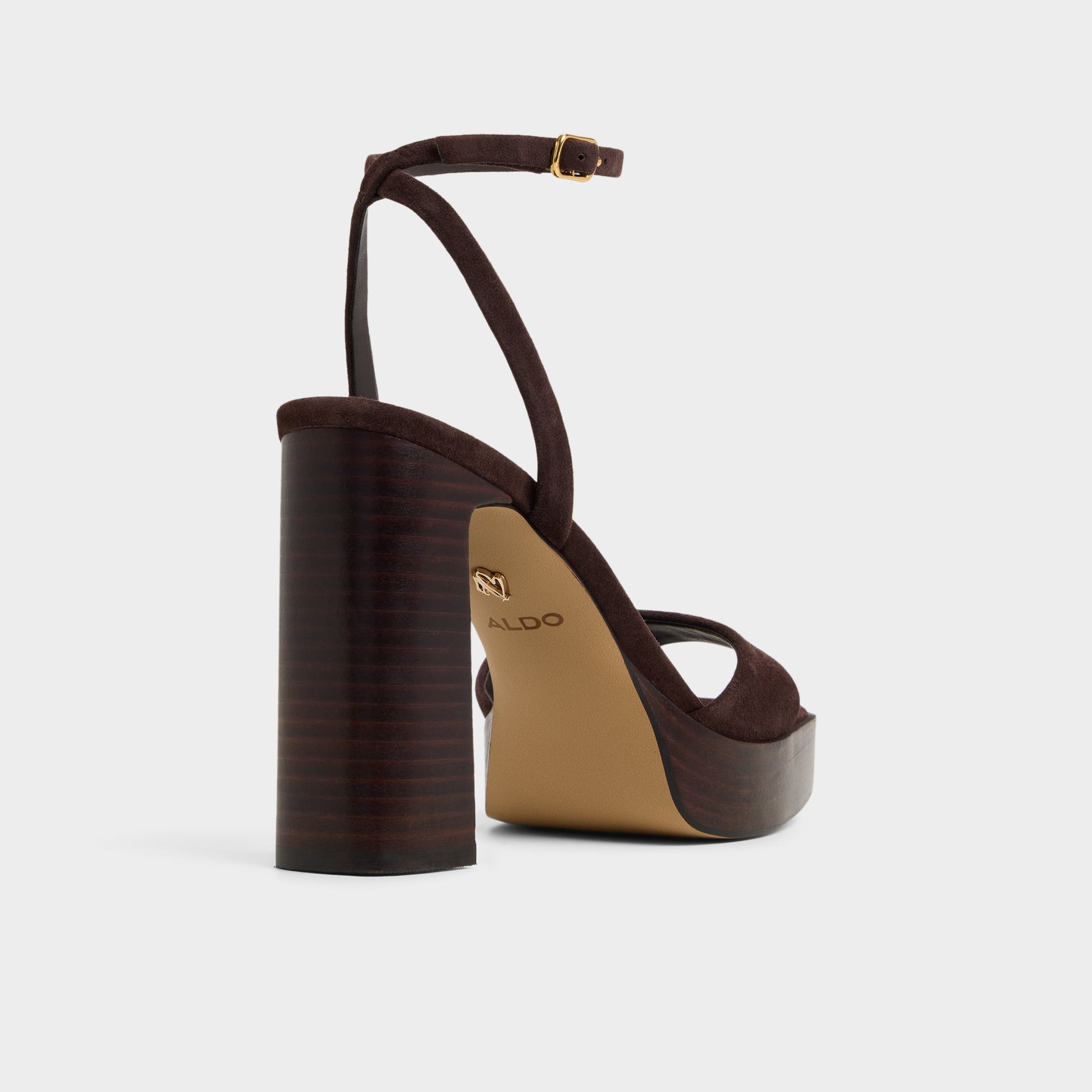 Three-quarter angle of Dark brown Lothon Strappy heeled sandal's back side