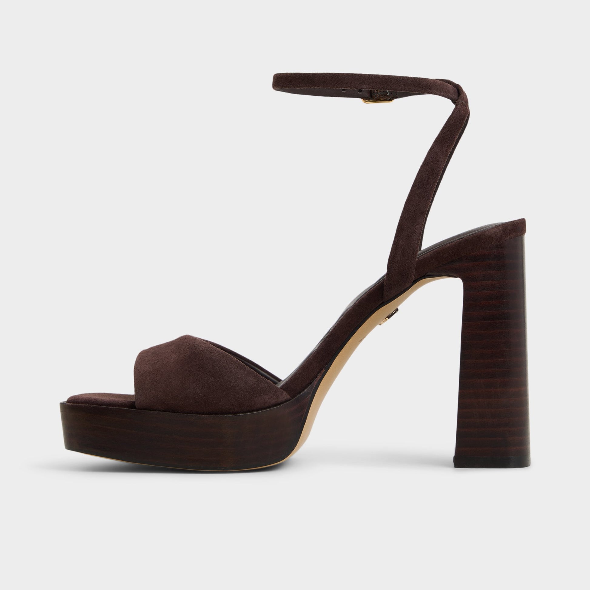 Side view of Dark brown Lothon Strappy heeled sandal
