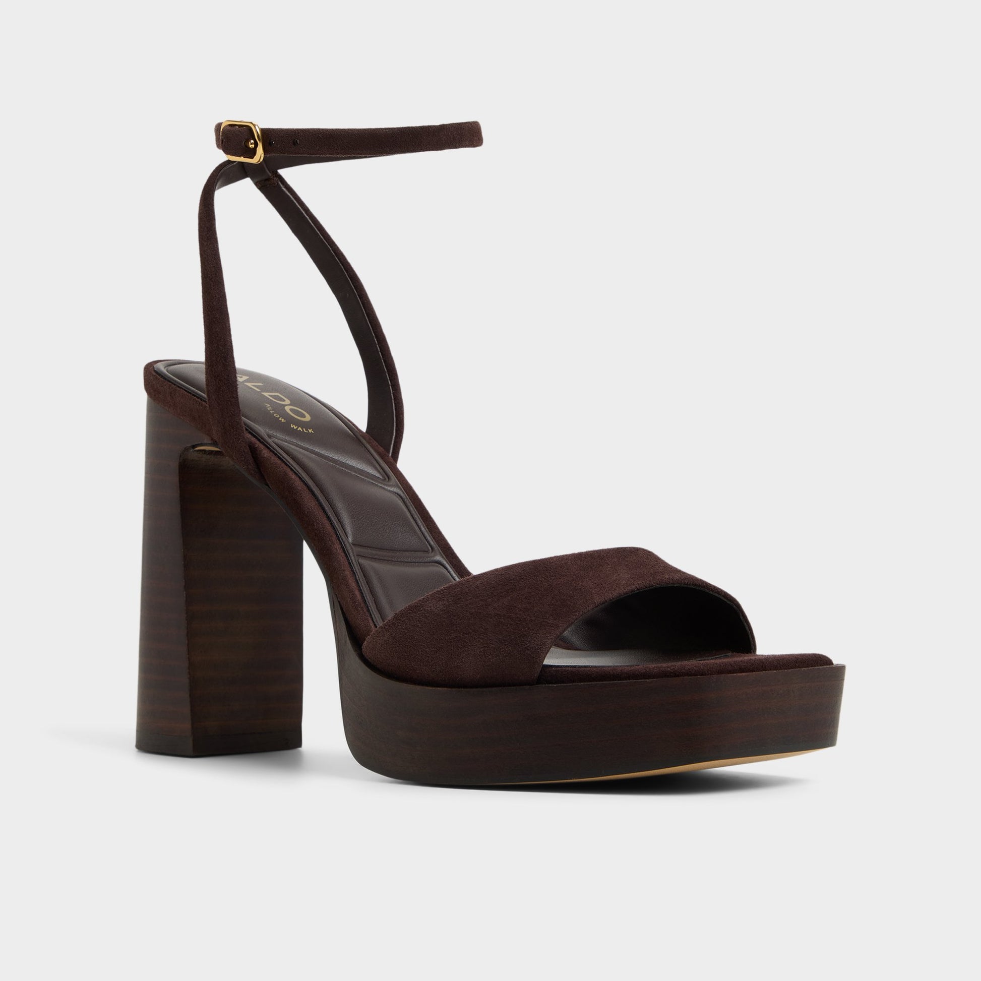 Three-quarter angle of Dark brown Lothon Strappy heeled sandal's front side