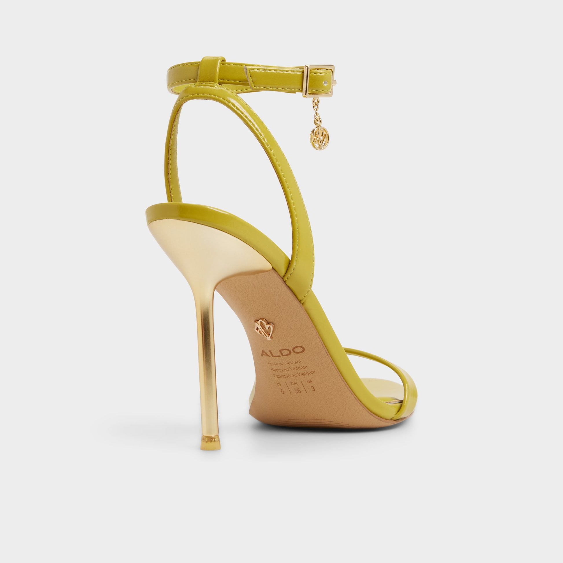 Three-quarter angle of Lime Green Maristou Strappy heeled sandal's back side