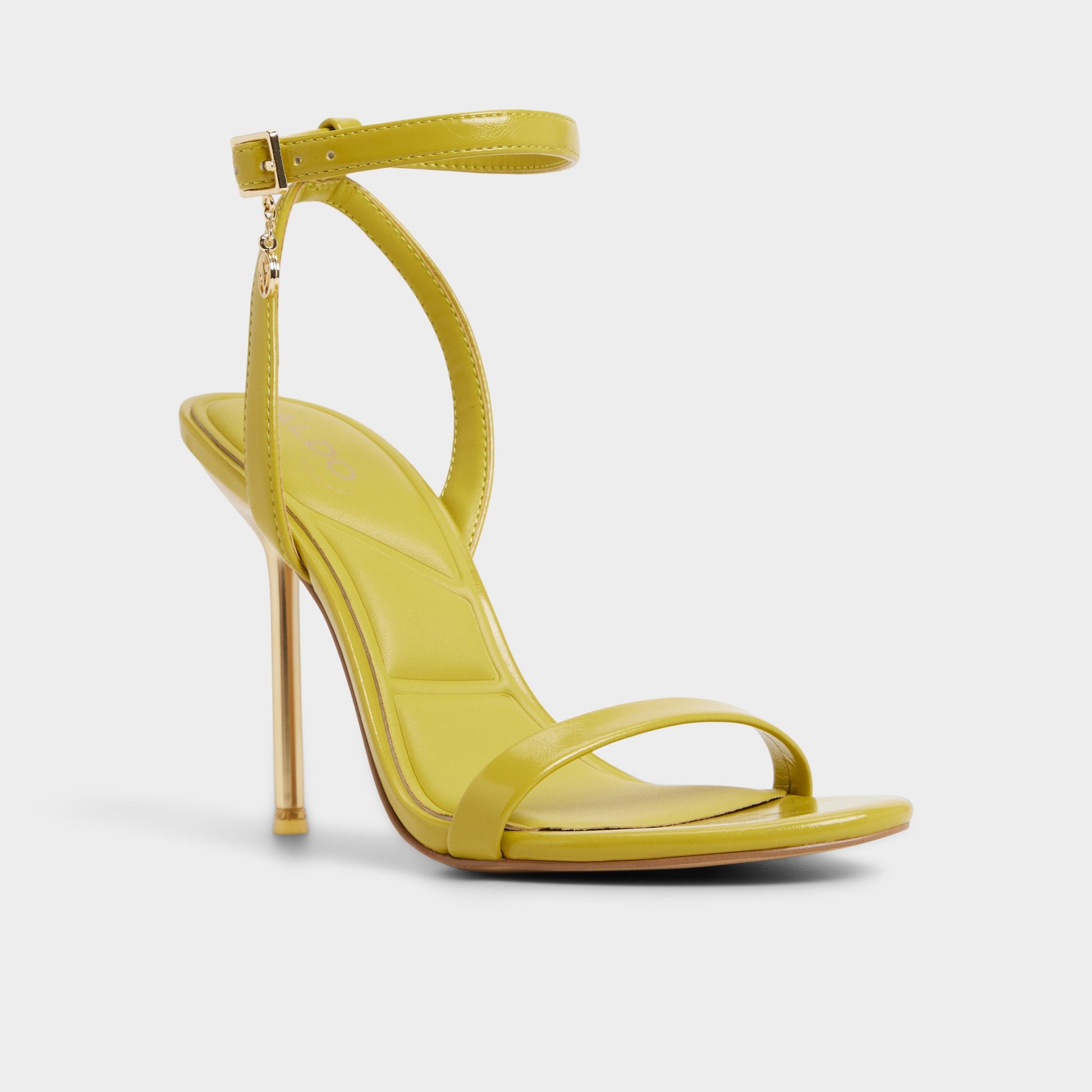 Three-quarter angle of Lime Green Maristou Strappy heeled sandal's front side