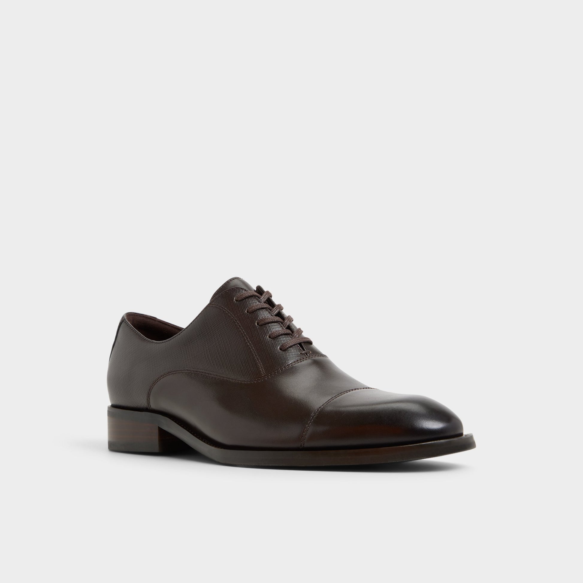 Three-quarter angle of Dark brown Reece Oxford shoe's front side