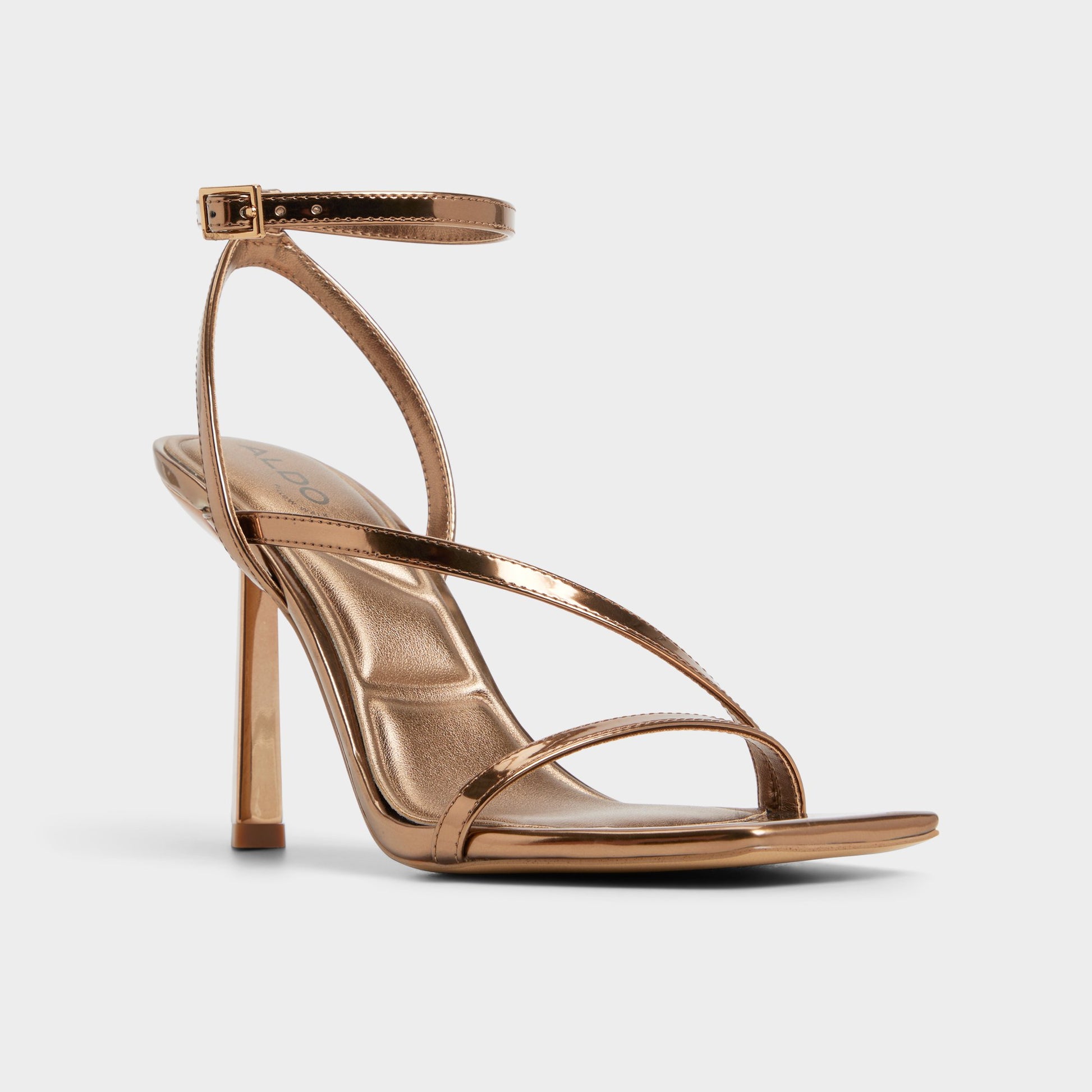 Three-quarter angle of Bronze Scintilla Heeled sandal's front side