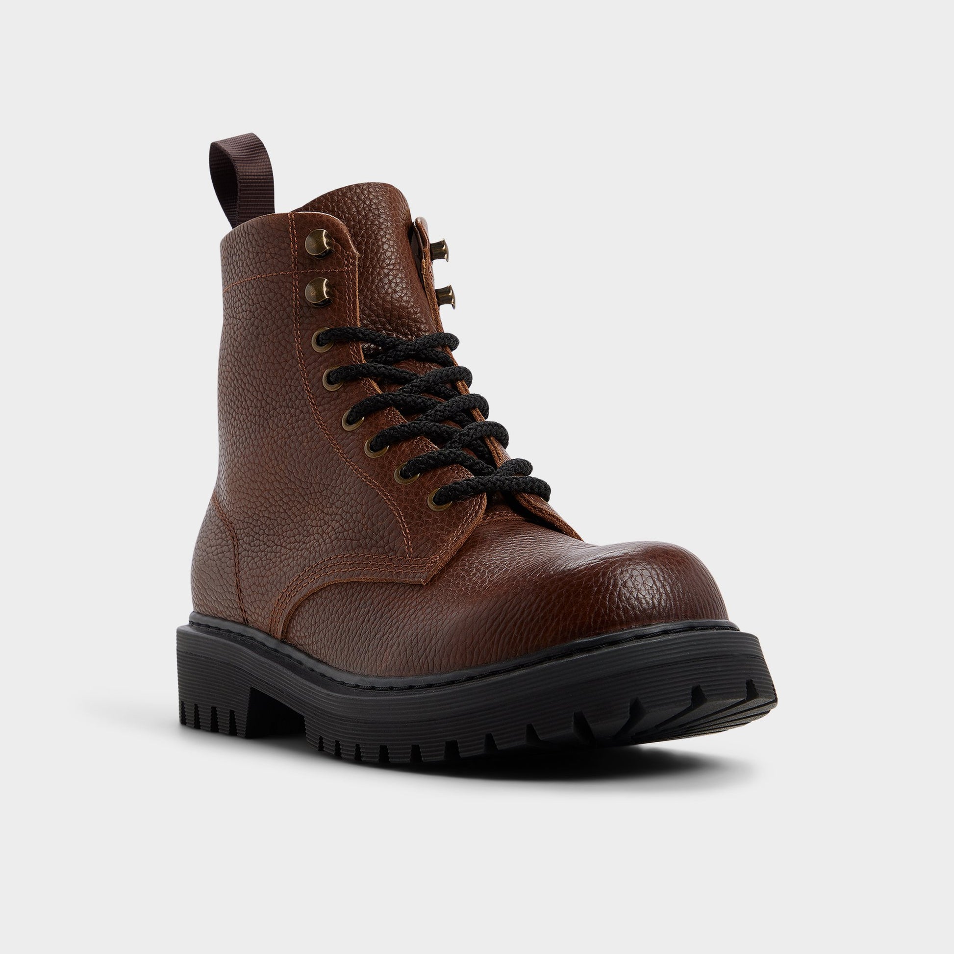 Three-quarter angle of Dark brown Doublezero Combat boot's front side